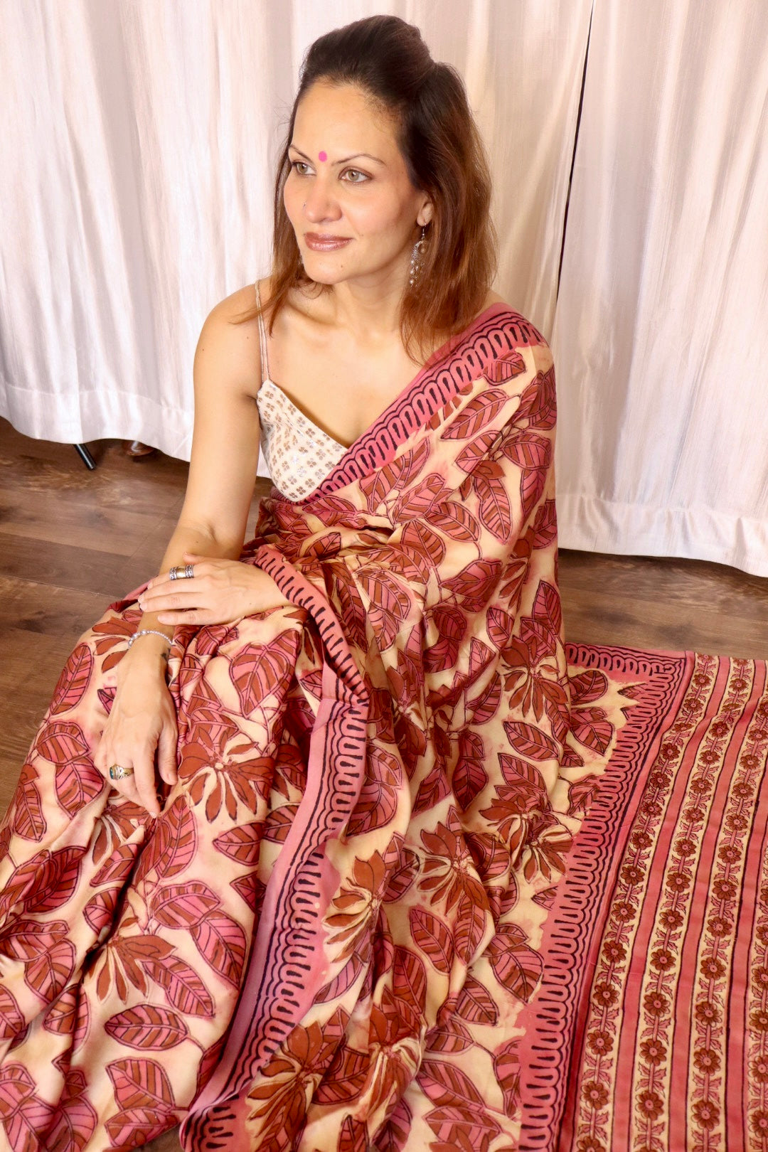 Pink & Beige Natural Dye Handblock Print Modal Silk Saree