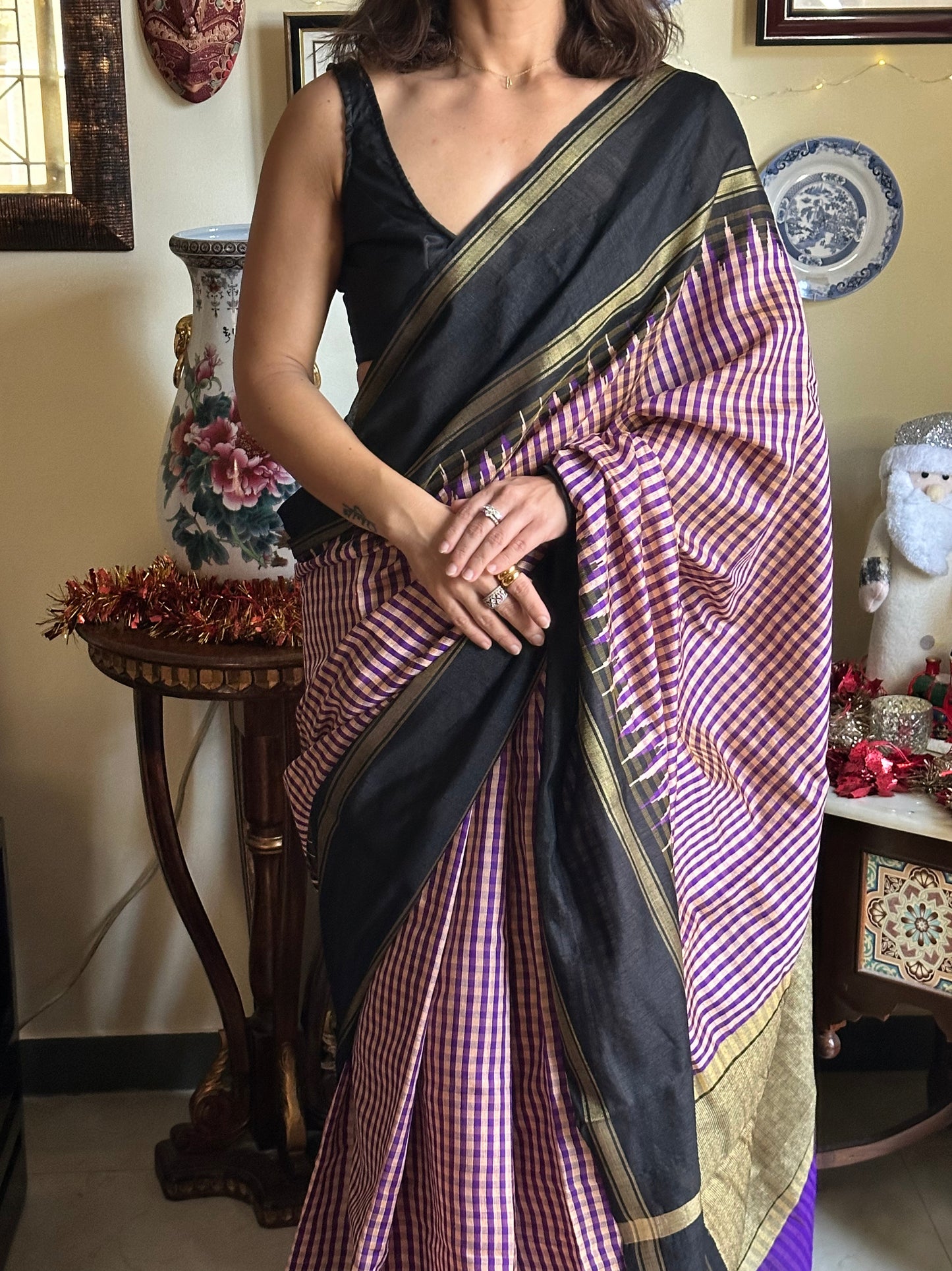 Pure Raw Silk with Small Checks, Khapa Contrast Pallu, Temple Border - Raahini