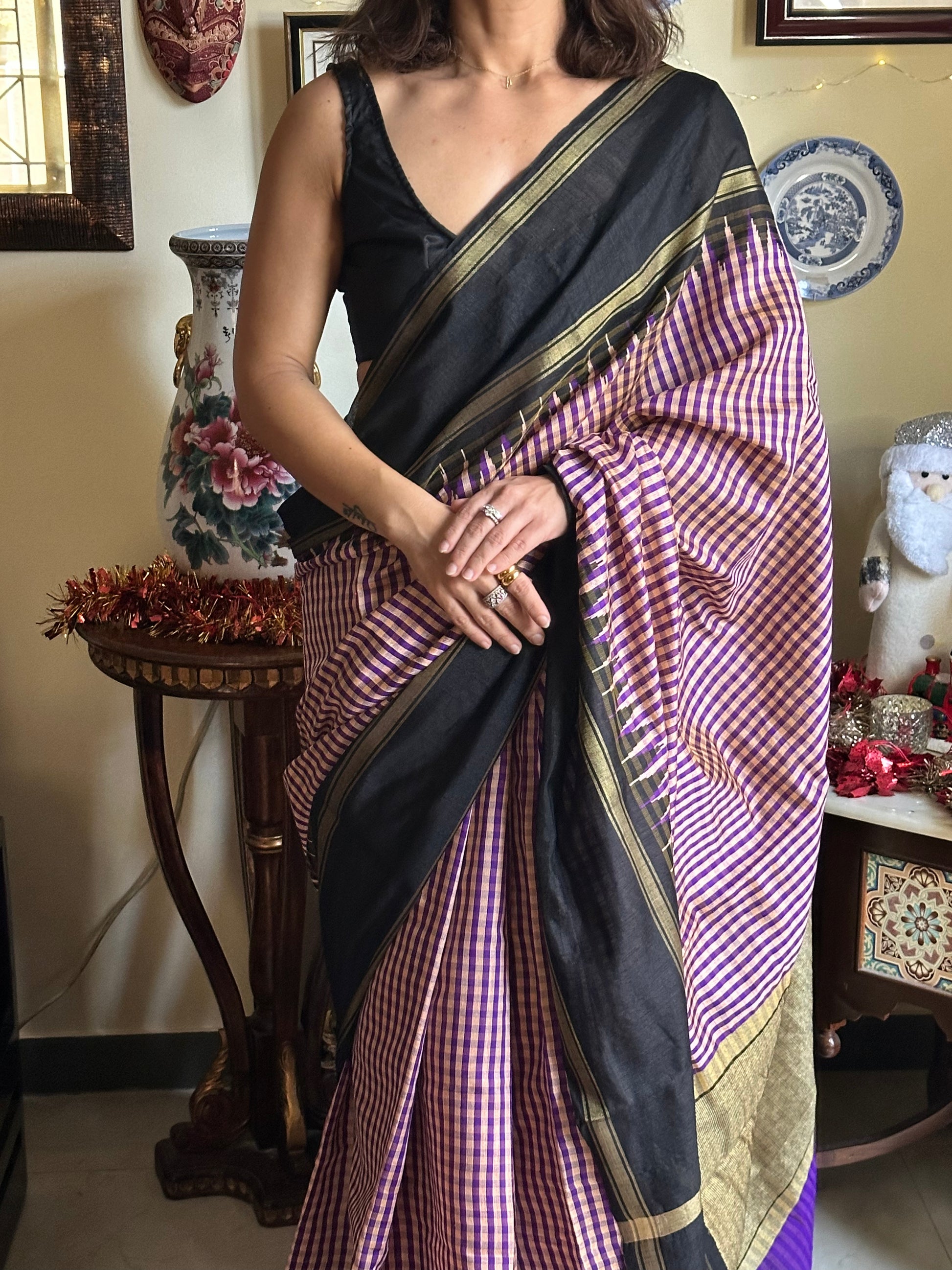 Pure Raw Silk with Small Checks, Khapa Contrast Pallu, Temple Border - Raahini