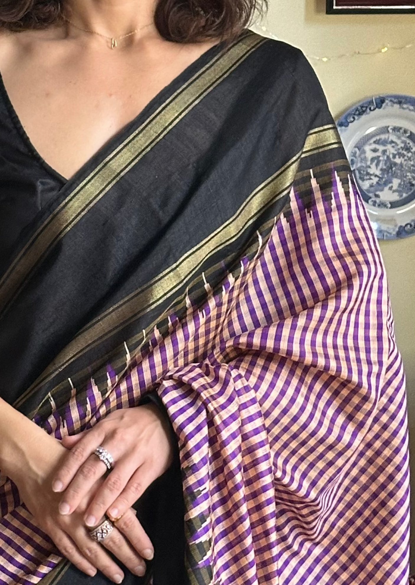 Pure Raw Silk with Small Checks, Khapa Contrast Pallu, Temple Border - Raahini