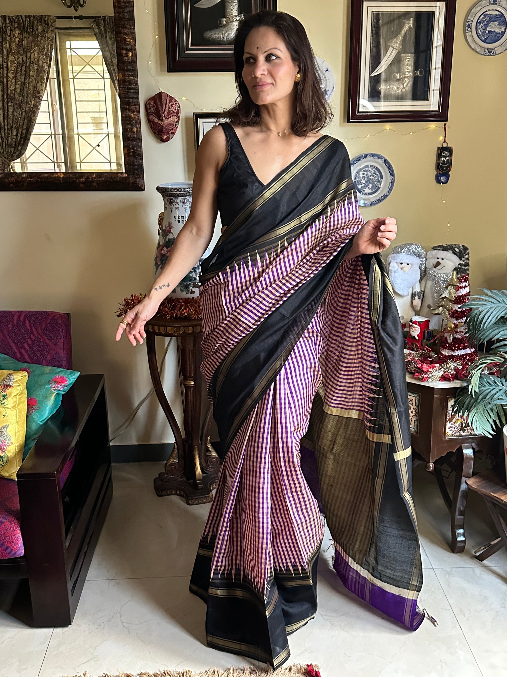 Pure Raw Silk with Small Checks, Khapa Contrast Pallu, Temple Border - Raahini