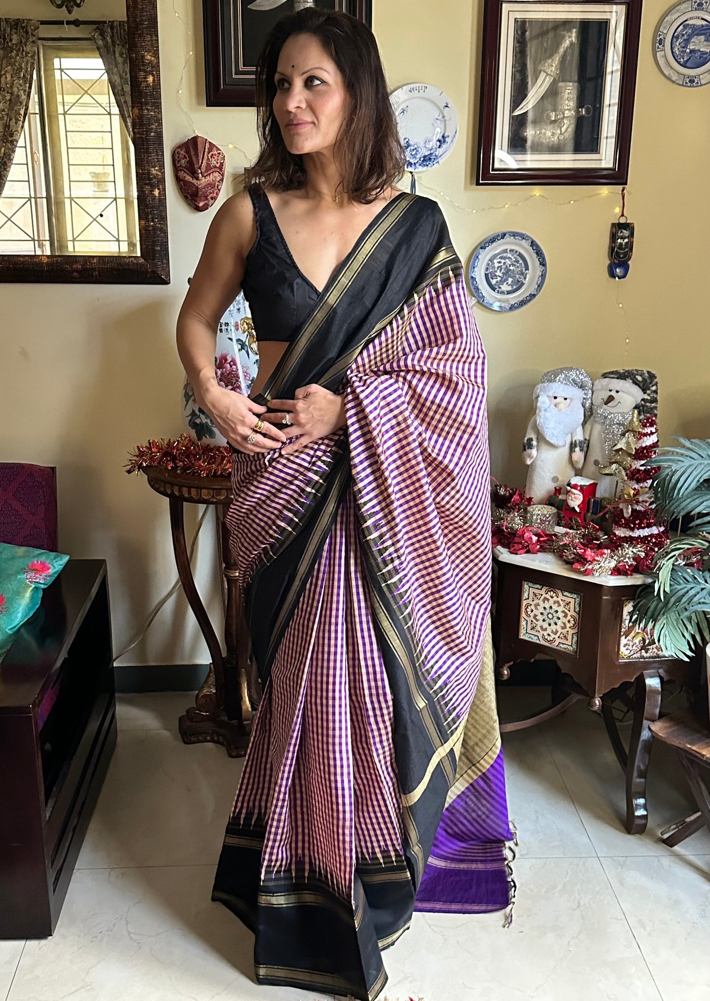 Pure Raw Silk with Small Checks, Khapa Contrast Pallu, Temple Border - Raahini