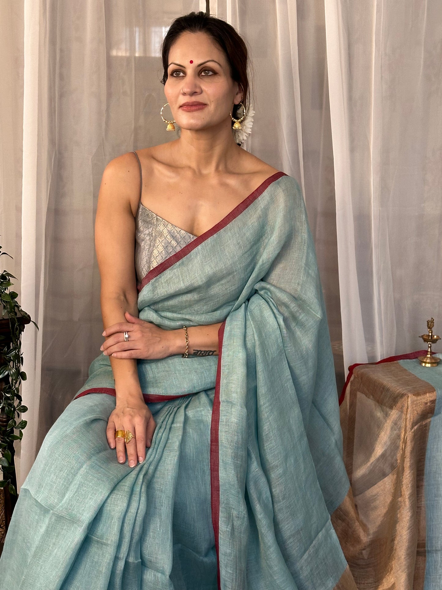 Blue & Gold Handloom Pure Linen Tissue Sari with Gold Pallu