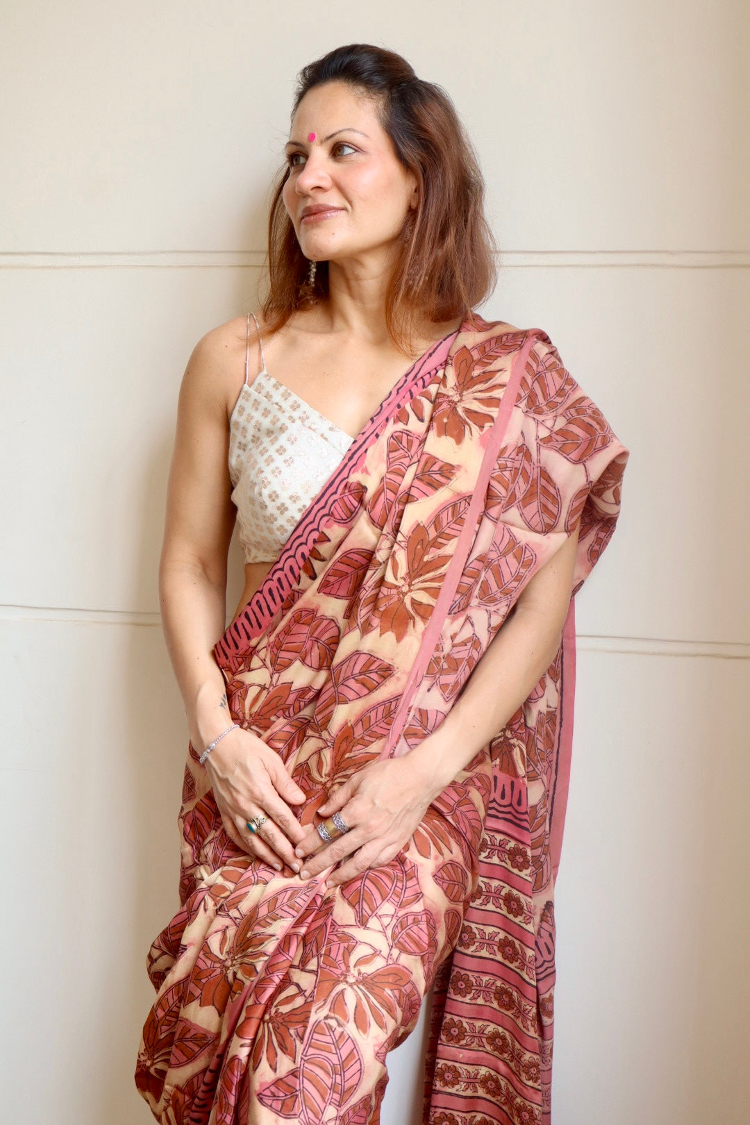 Pink & Beige Natural Dye Handblock Print Modal Silk Saree