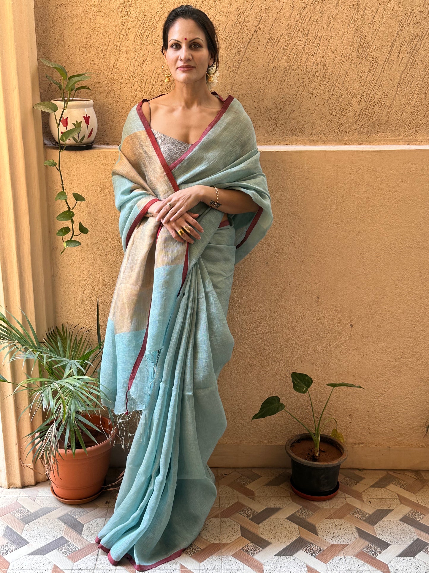 Blue & Gold Handloom Pure Linen Tissue Sari with Gold Pallu