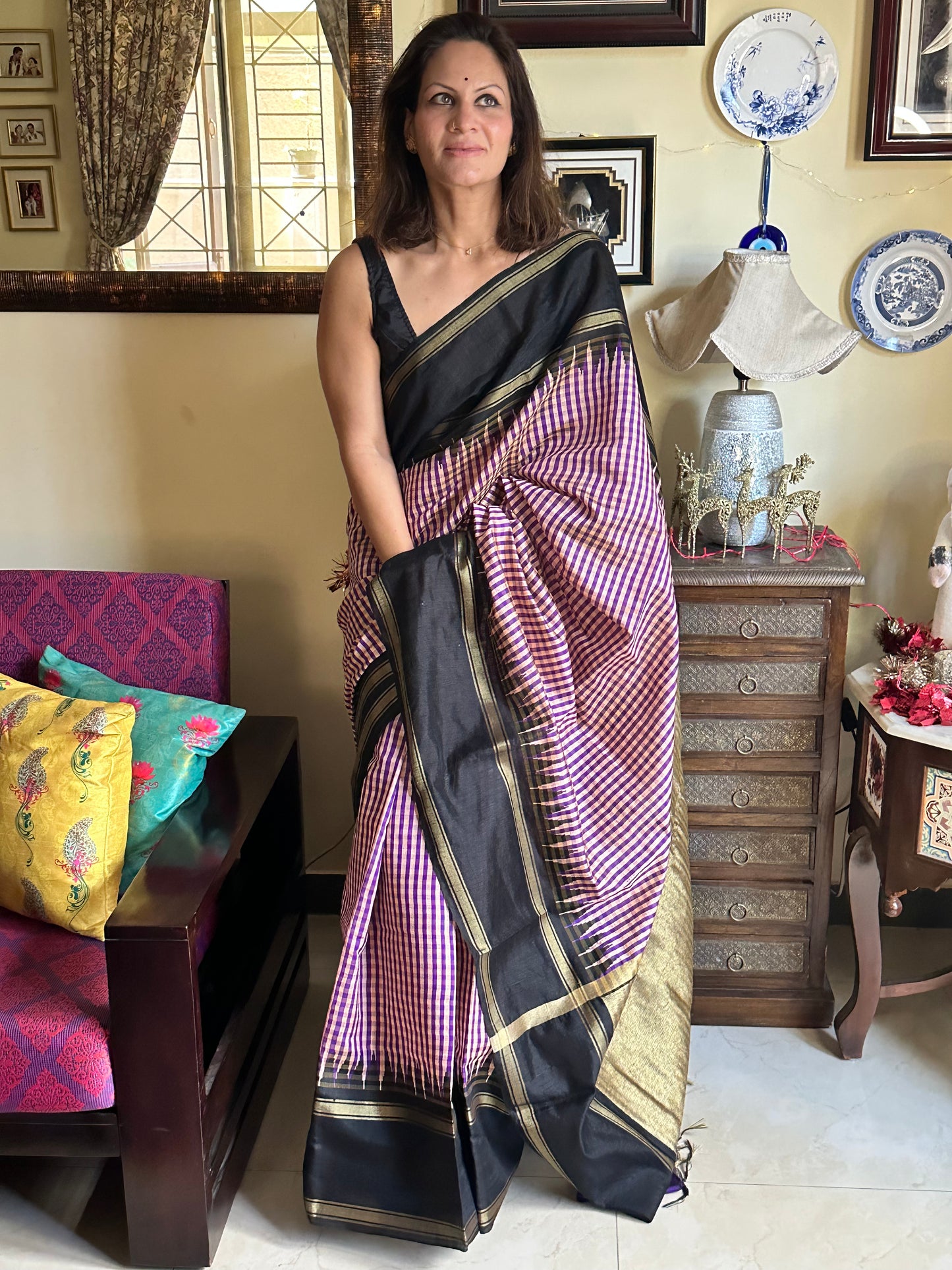 Pure Raw Silk with Small Checks, Khapa Contrast Pallu, Temple Border - Raahini