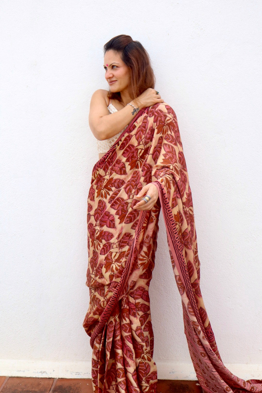 Pink & Beige Natural Dye Handblock Print Modal Silk Saree