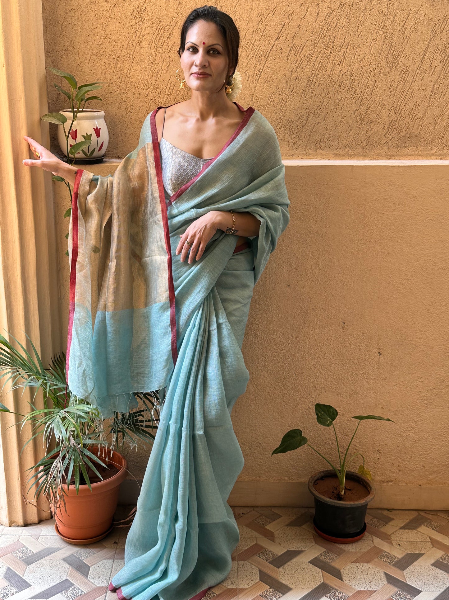 Blue & Gold Handloom Pure Linen Tissue Sari with Gold Pallu