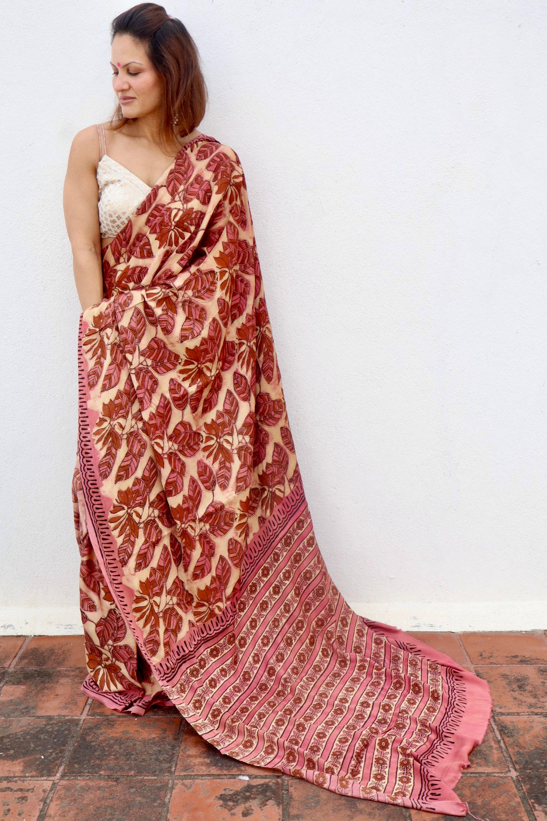 Pink & Beige Natural Dye Handblock Print Modal Silk Saree