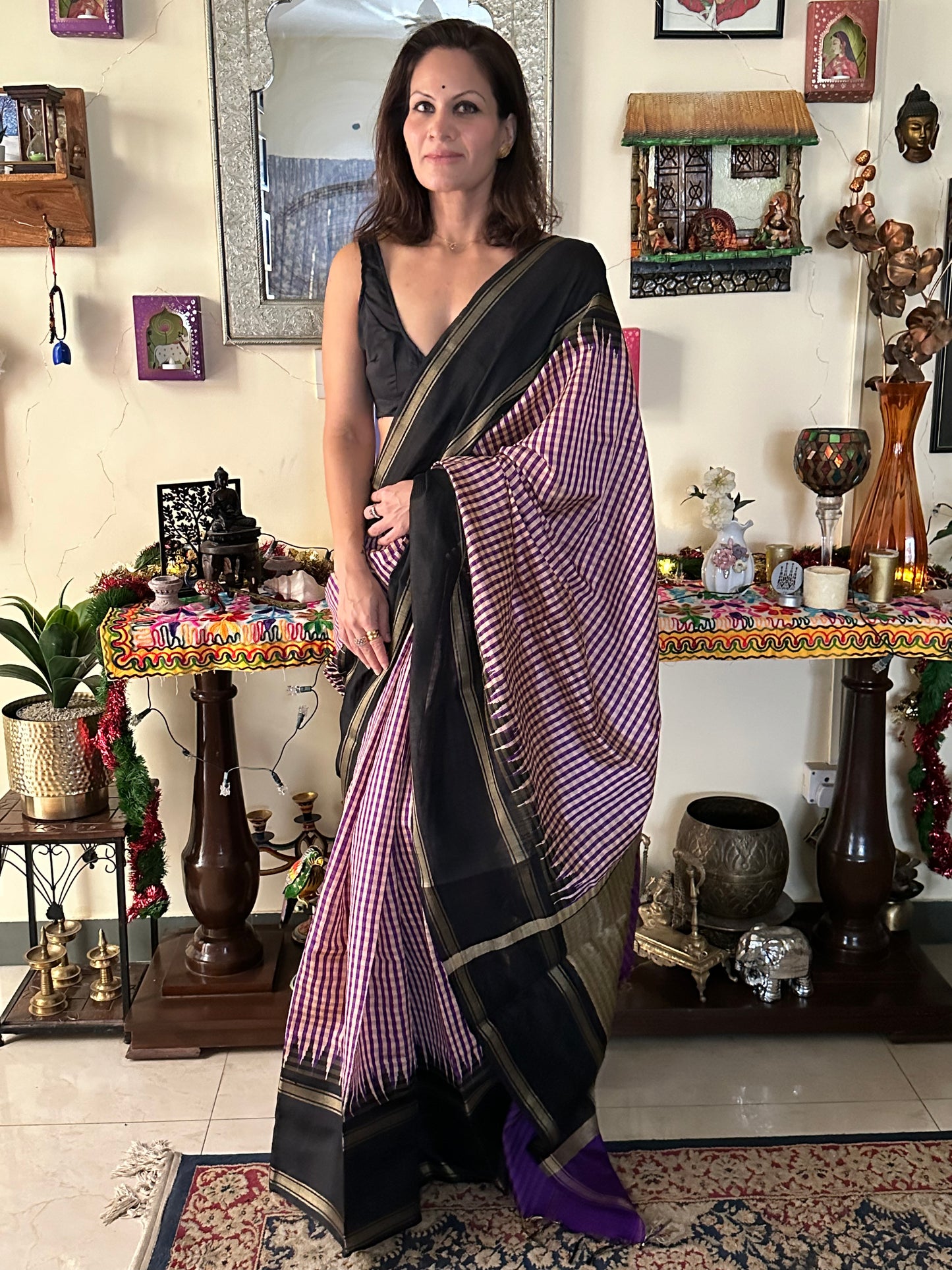 Pure Raw Silk with Small Checks, Khapa Contrast Pallu, Temple Border - Raahini