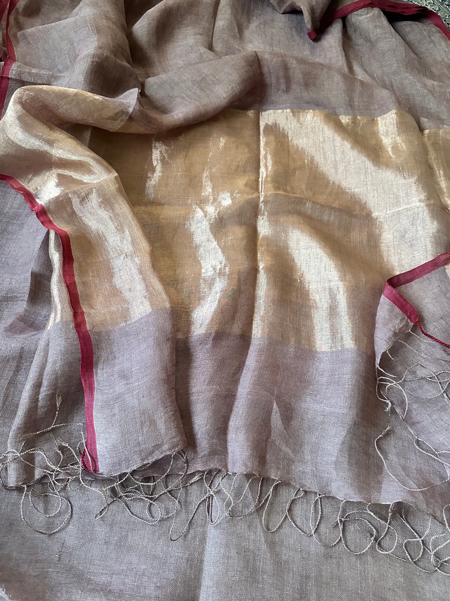 Beige & Gold Handloom Pure Linen Tissue Sari with Gold Pallu