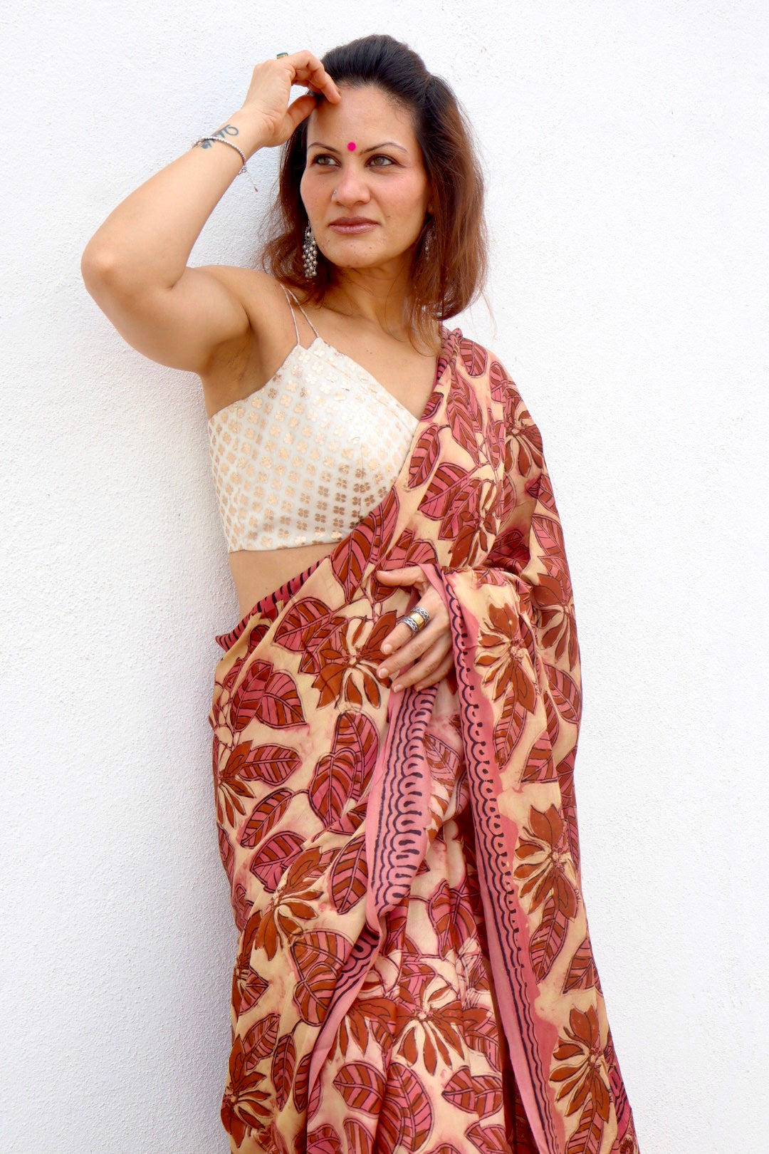 Pink & Beige Natural Dye Handblock Print Modal Silk Saree