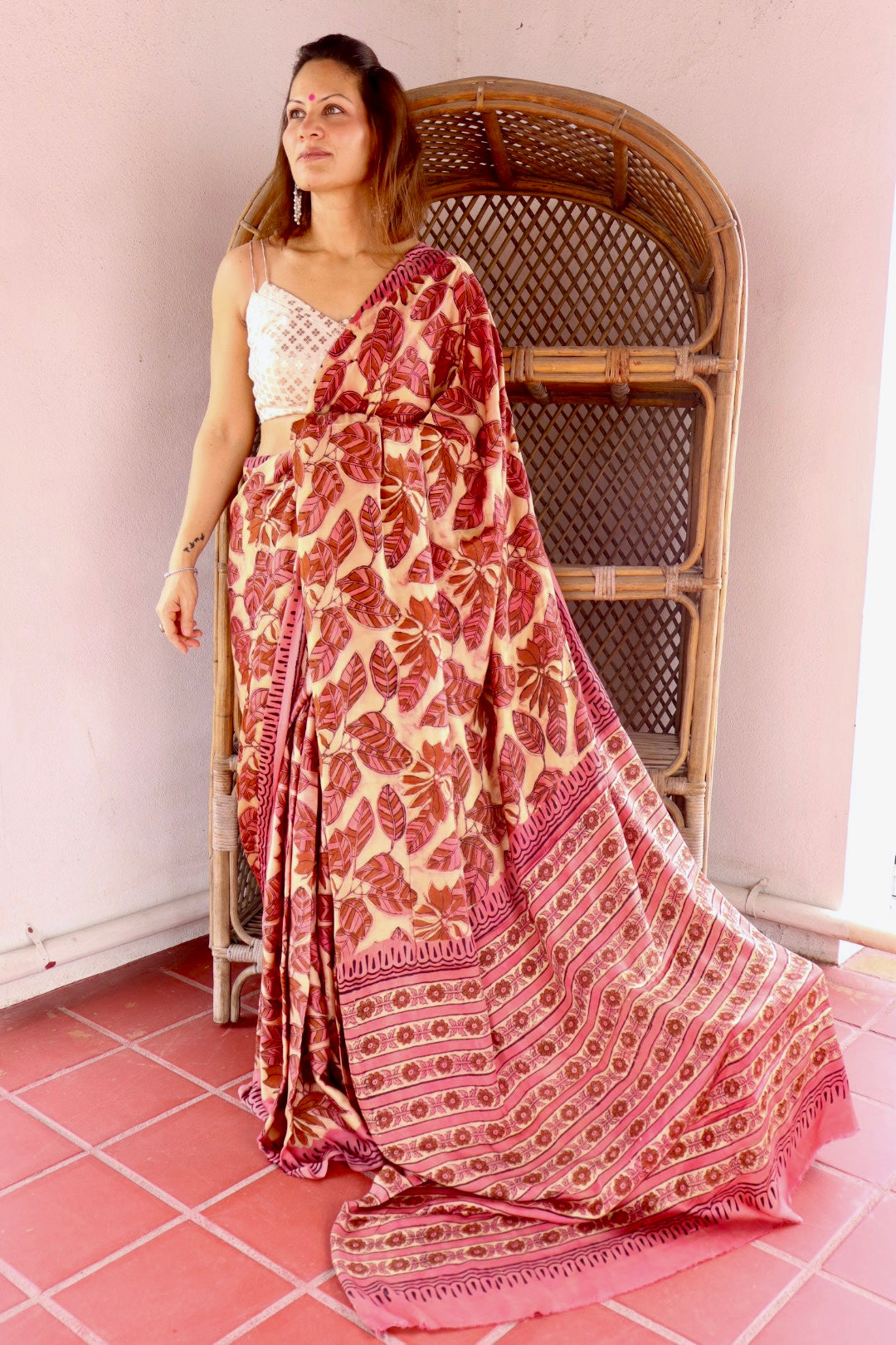 Pink & Beige Natural Dye Handblock Print Modal Silk Saree