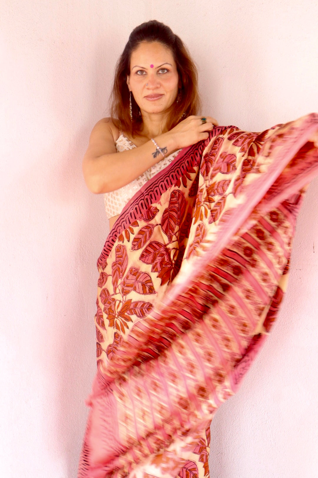 Pink & Beige Natural Dye Handblock Print Modal Silk Saree