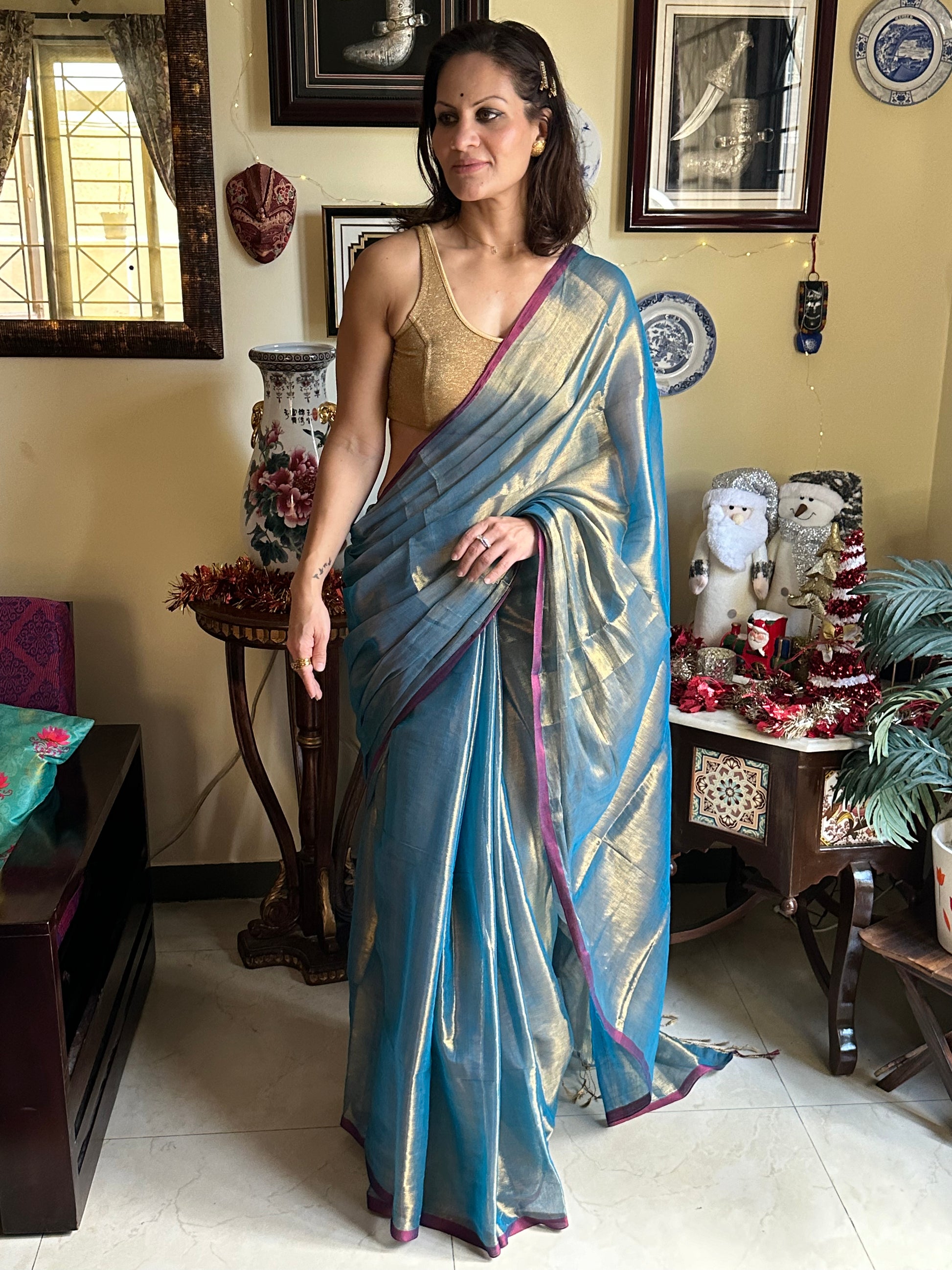 Bluish Green Pure Mul Mul Handwoven Tissue Cotton Sari - Raahini