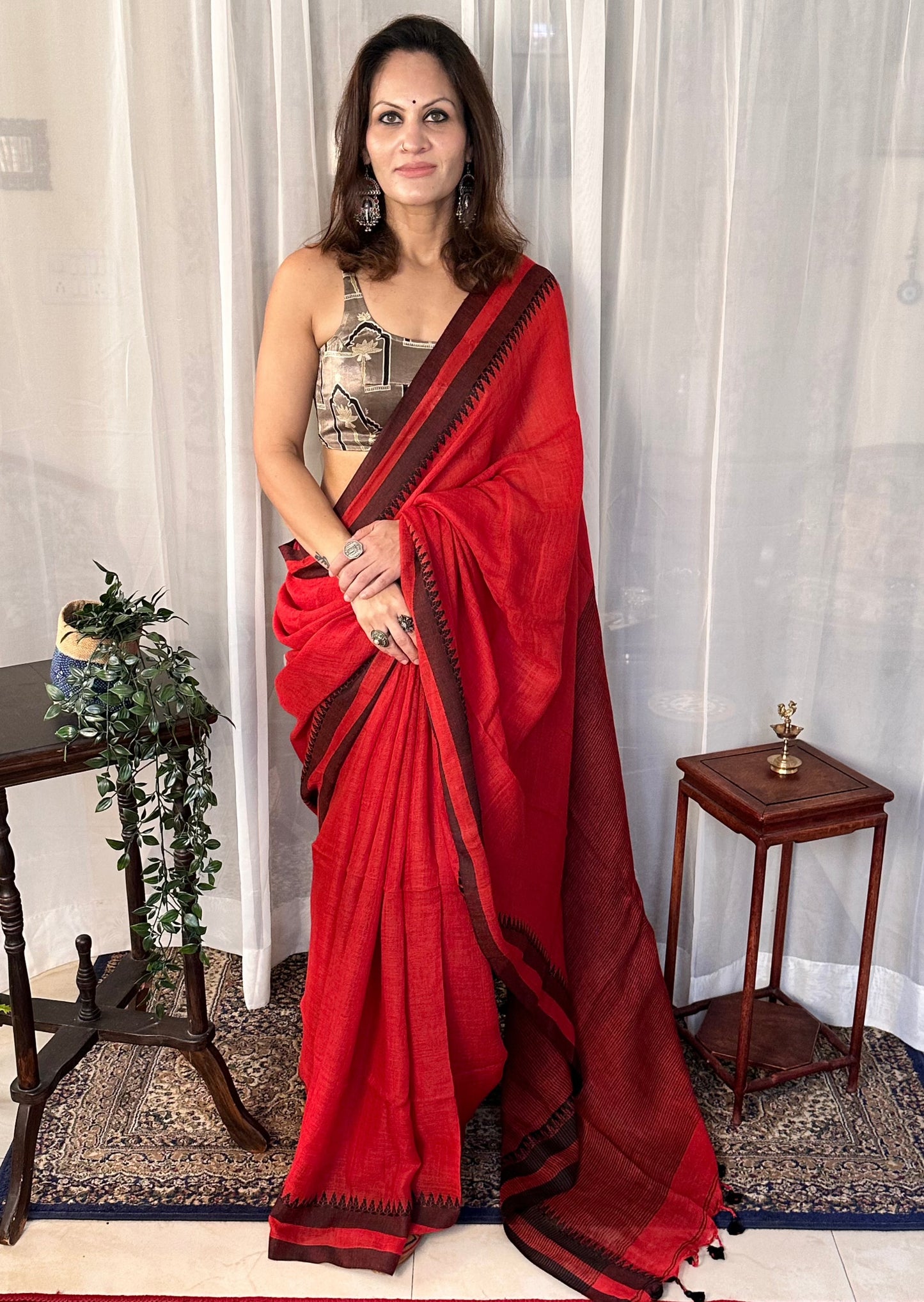 Red Handloom Pure Linen Sari with Woven Black Border