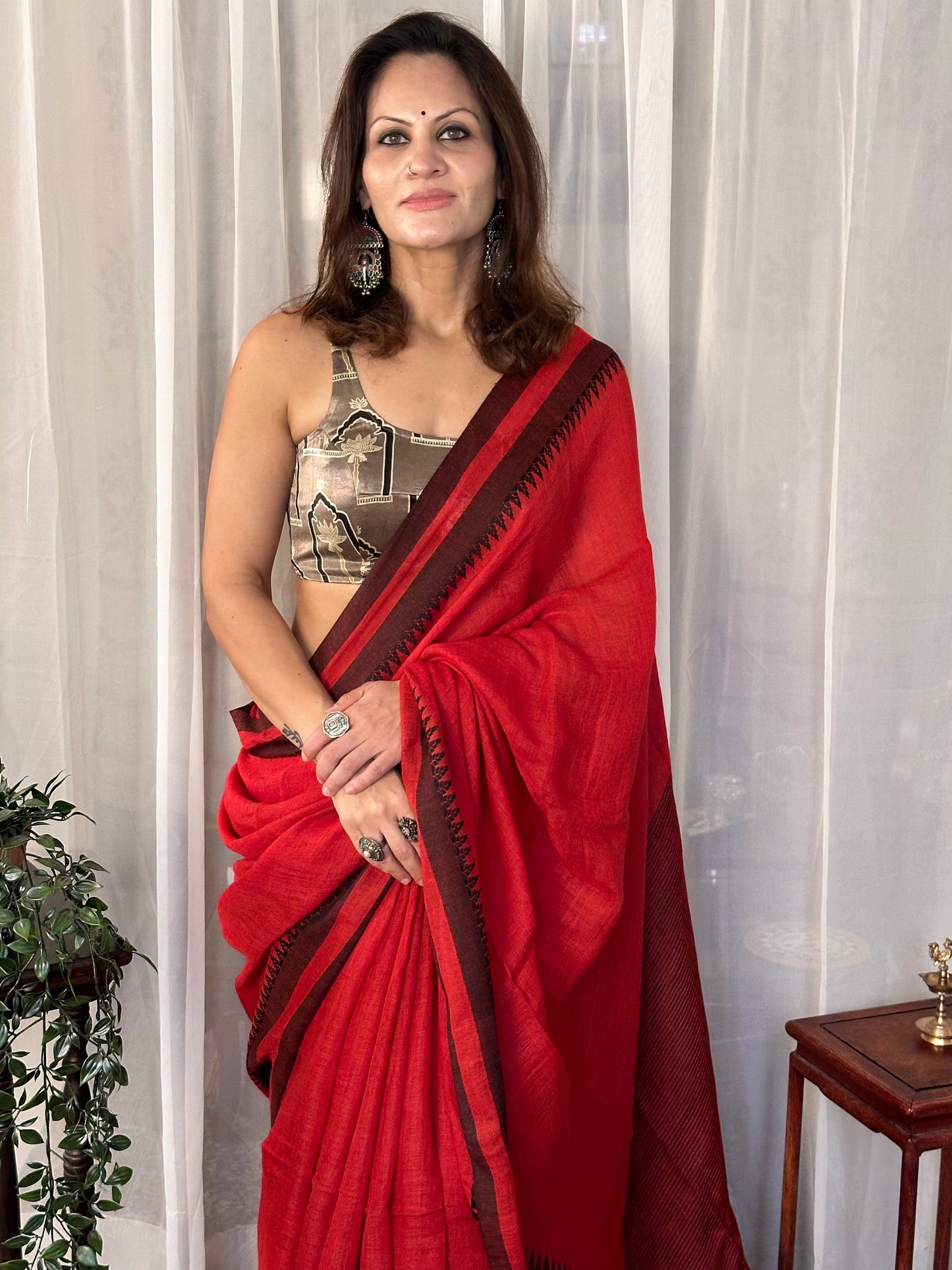 Red Handloom Pure Linen Sari with Woven Black Border