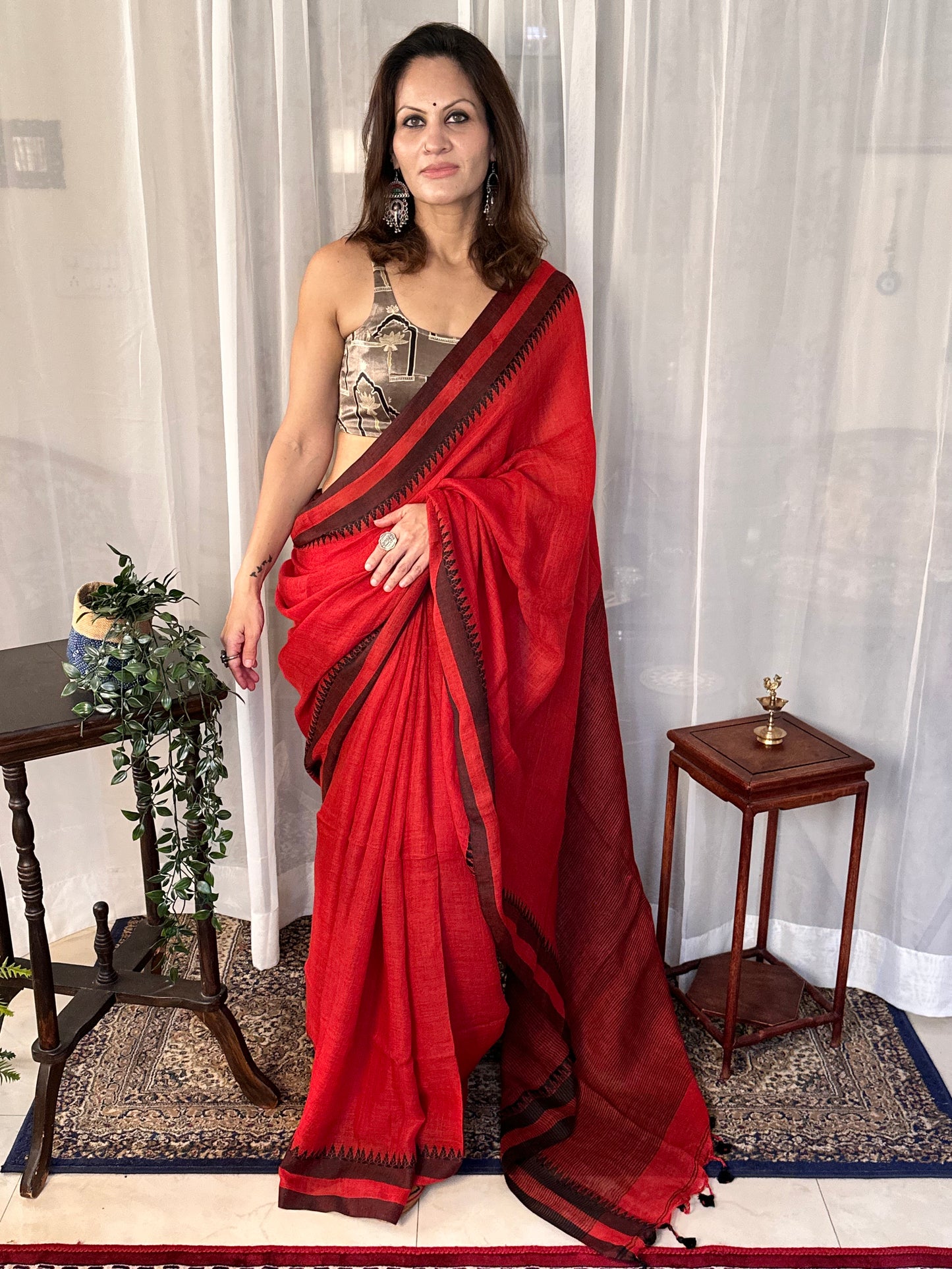 Red Handloom Pure Linen Sari with Woven Black Border