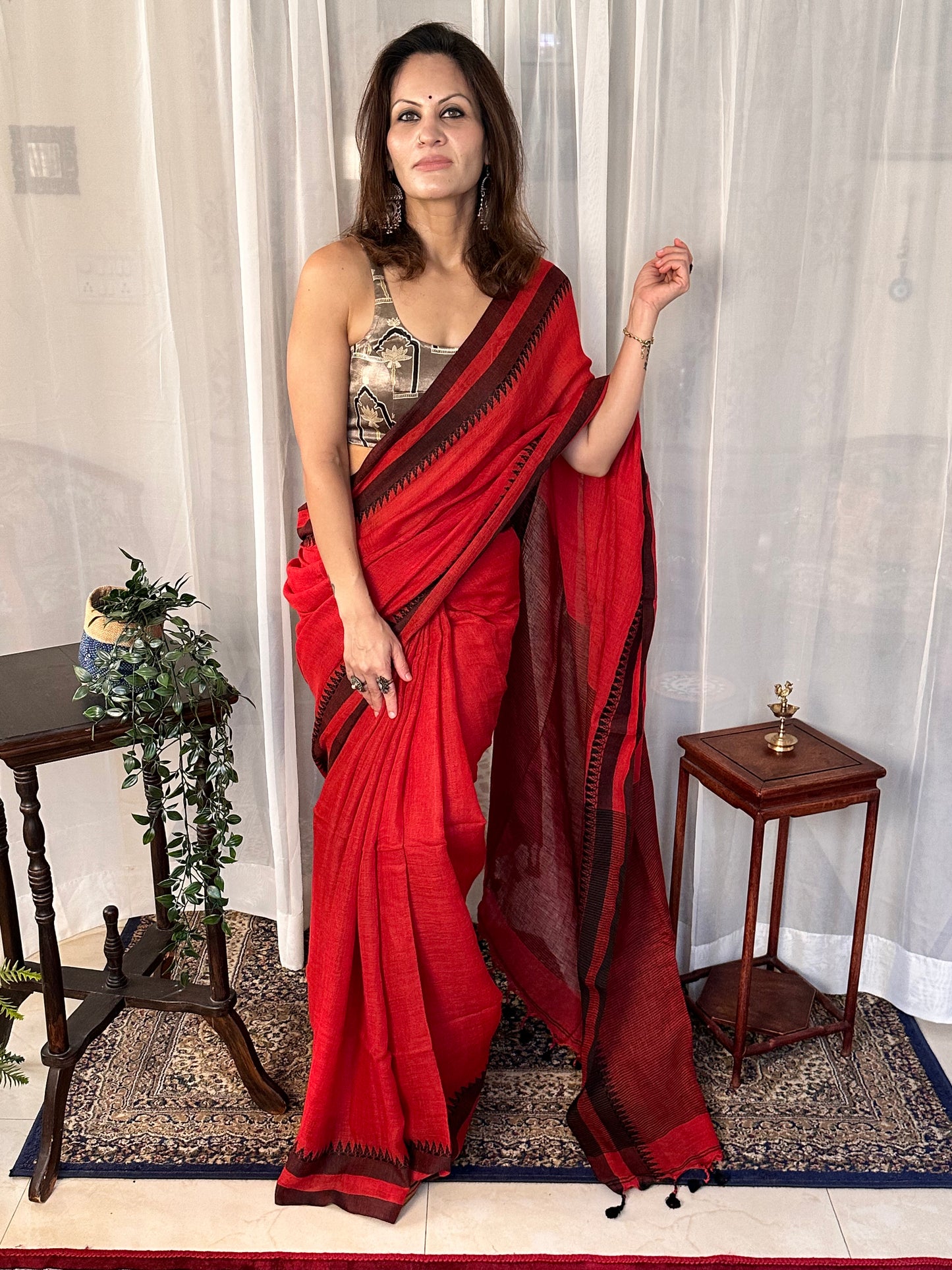 Red Handloom Pure Linen Sari with Woven Black Border