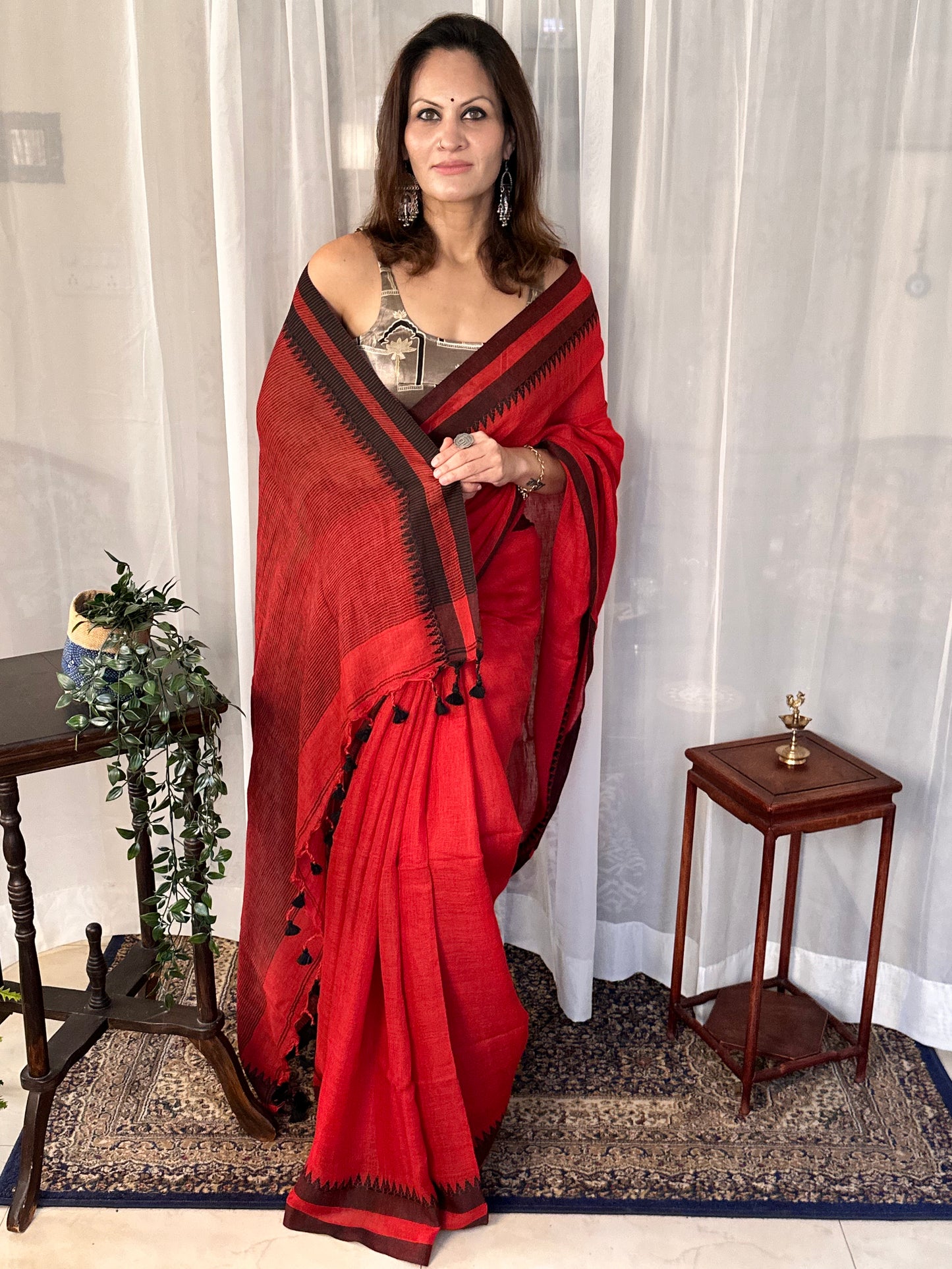 Red Handloom Pure Linen Sari with Woven Black Border