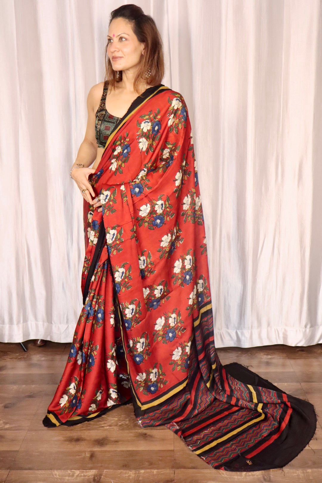 Bright Red Natural Dye Floral Handblock Print Modal Silk Saree (Copy)