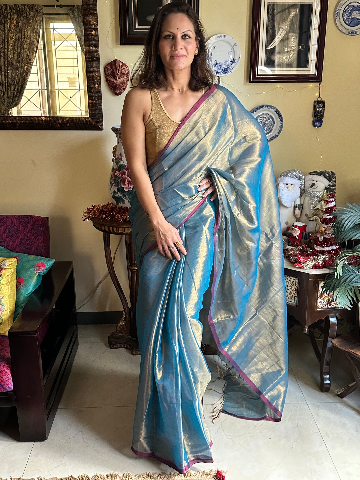 Bluish Green Pure Mul Mul Handwoven Tissue Cotton Sari - Raahini