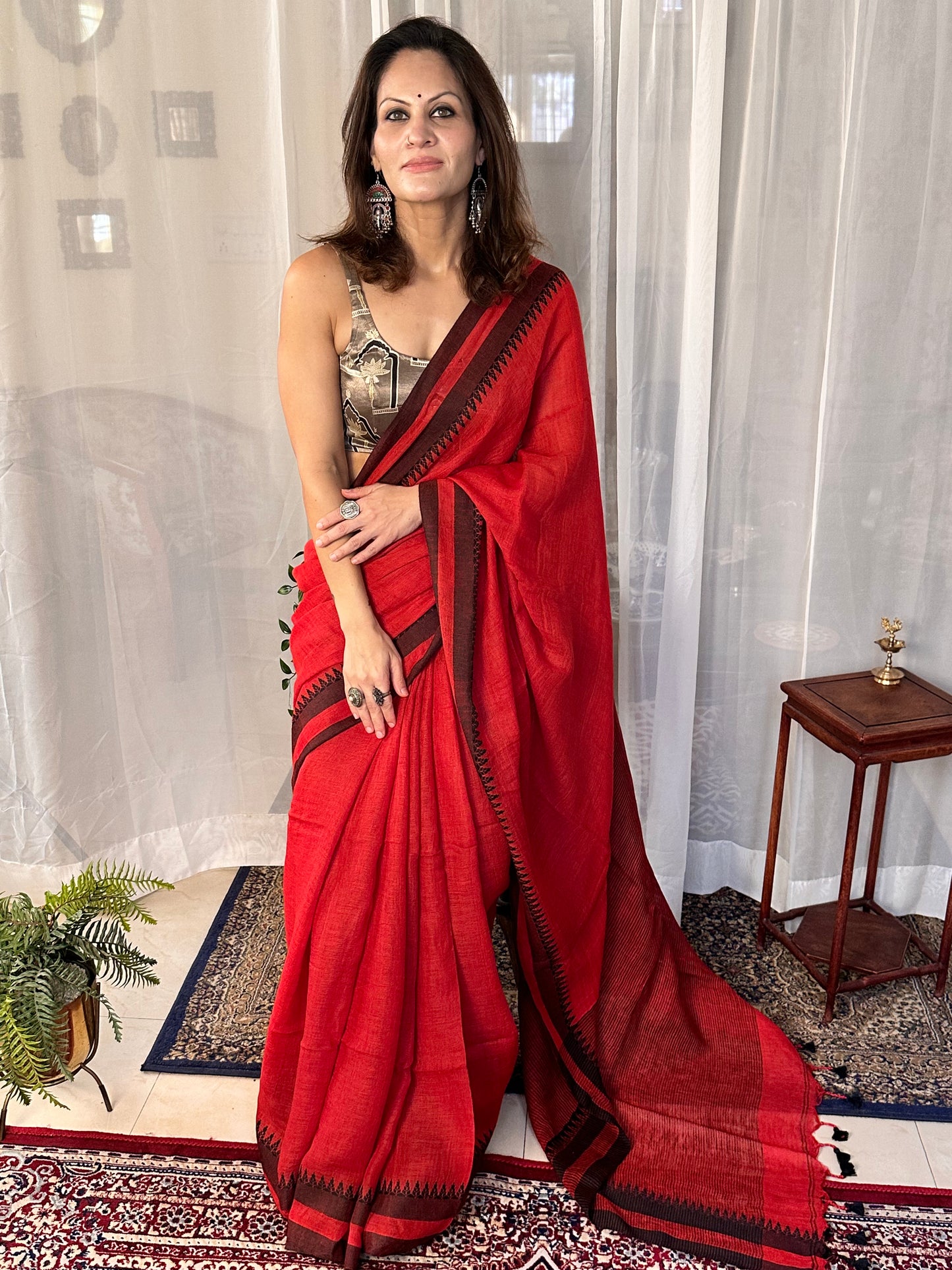 Red Handloom Pure Linen Sari with Woven Black Border