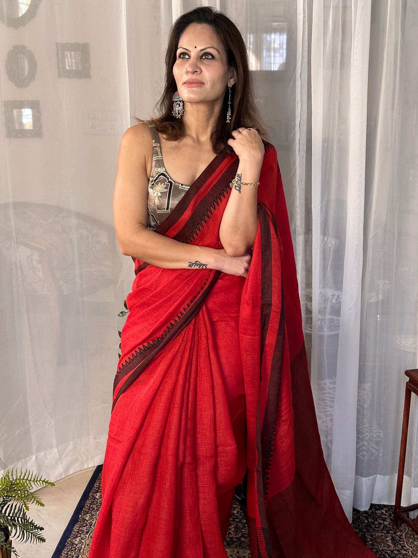 Red Handloom Pure Linen Sari with Woven Black Border