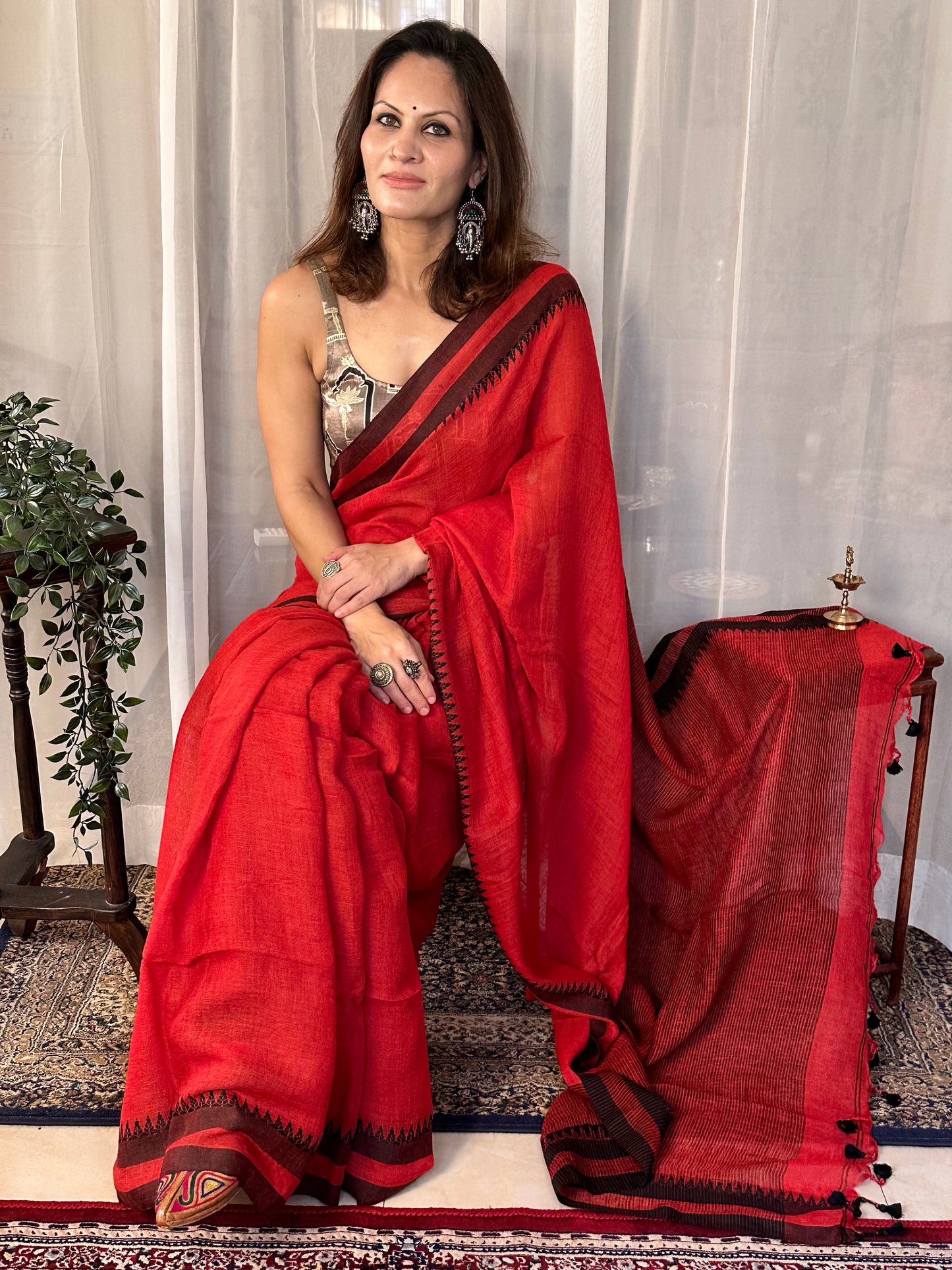 Red Handloom Pure Linen Sari with Woven Black Border