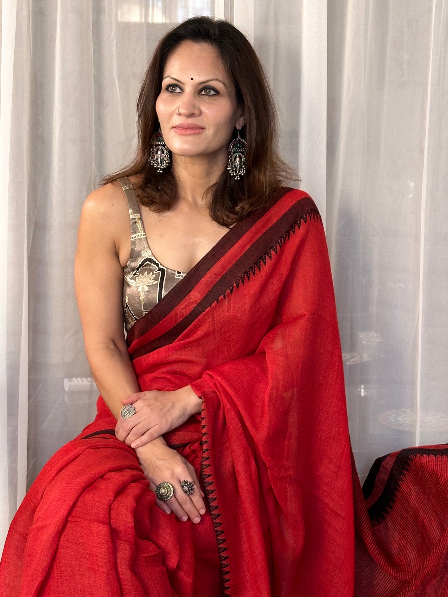 Red Handloom Pure Linen Sari with Woven Black Border