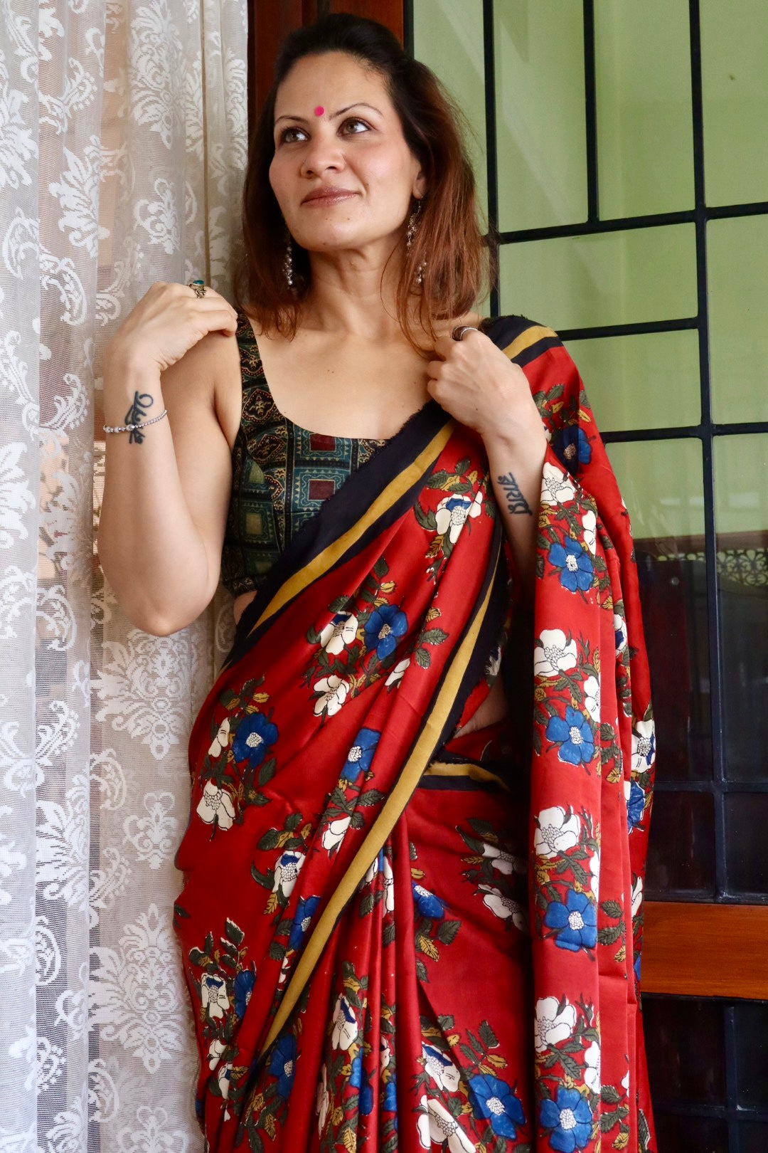 Bright Red Natural Dye Floral Handblock Print Modal Silk Saree (Copy)