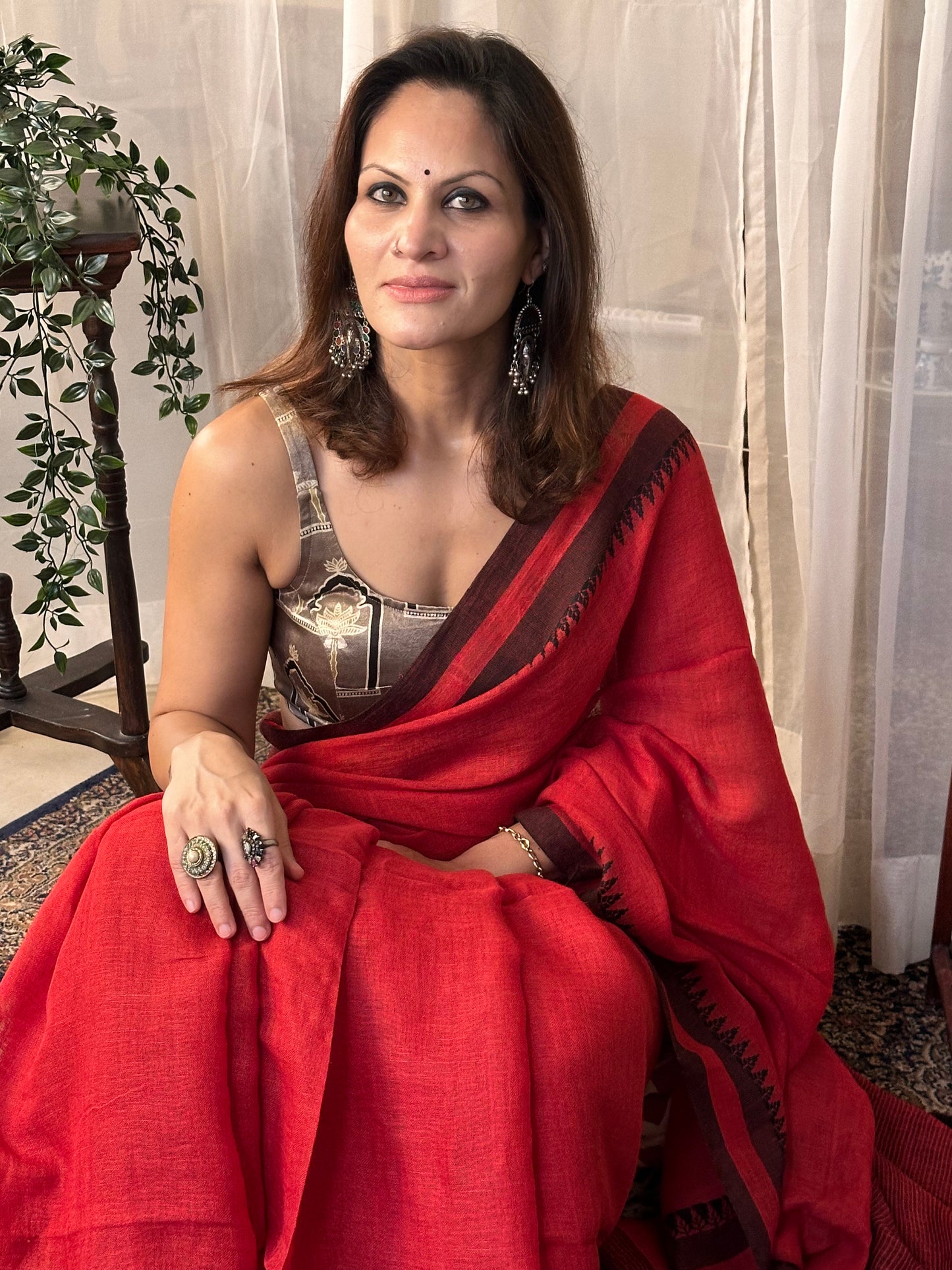 Red Handloom Pure Linen Sari with Woven Black Border