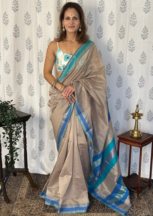 Blue & Grey Handloom Pure Maheshwari Sari