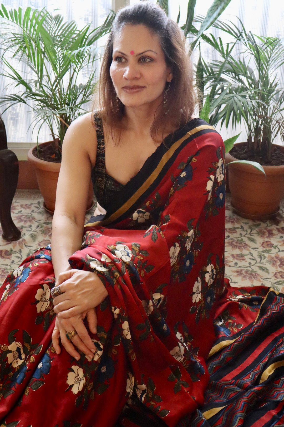 Bright Red Natural Dye Floral Handblock Print Modal Silk Saree (Copy)
