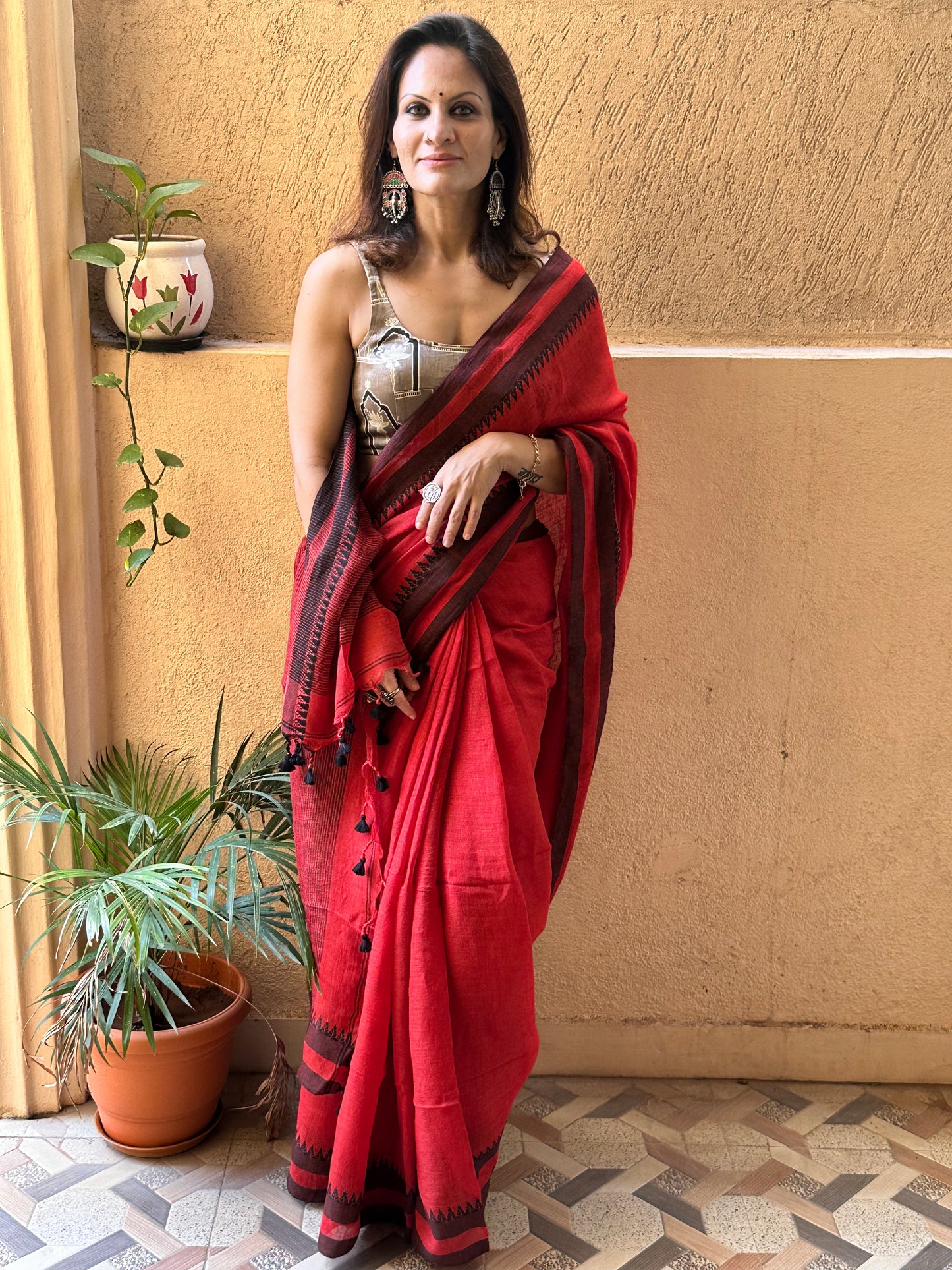 Red Handloom Pure Linen Sari with Woven Black Border