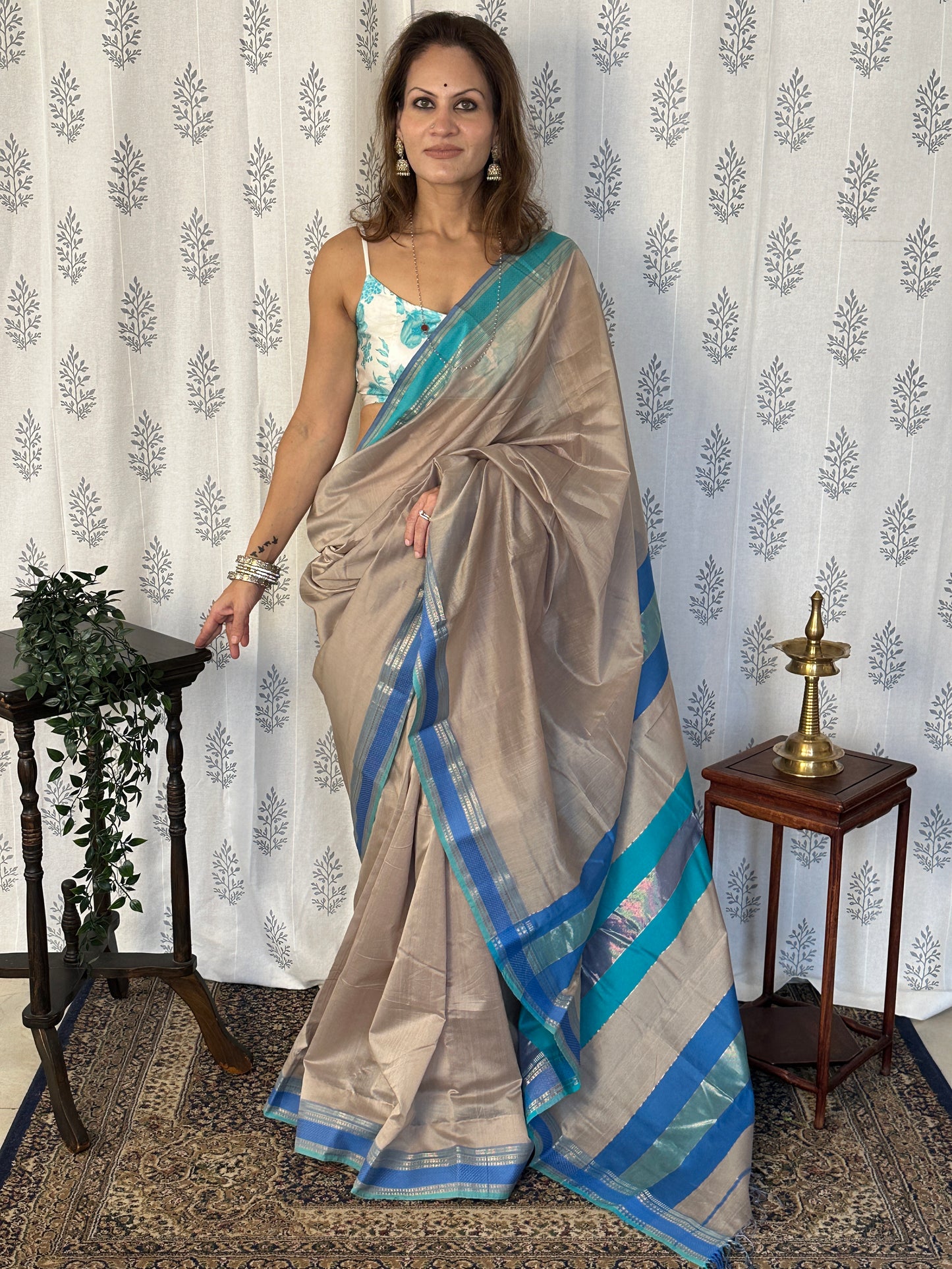 Blue & Grey Handloom Pure Maheshwari Sari