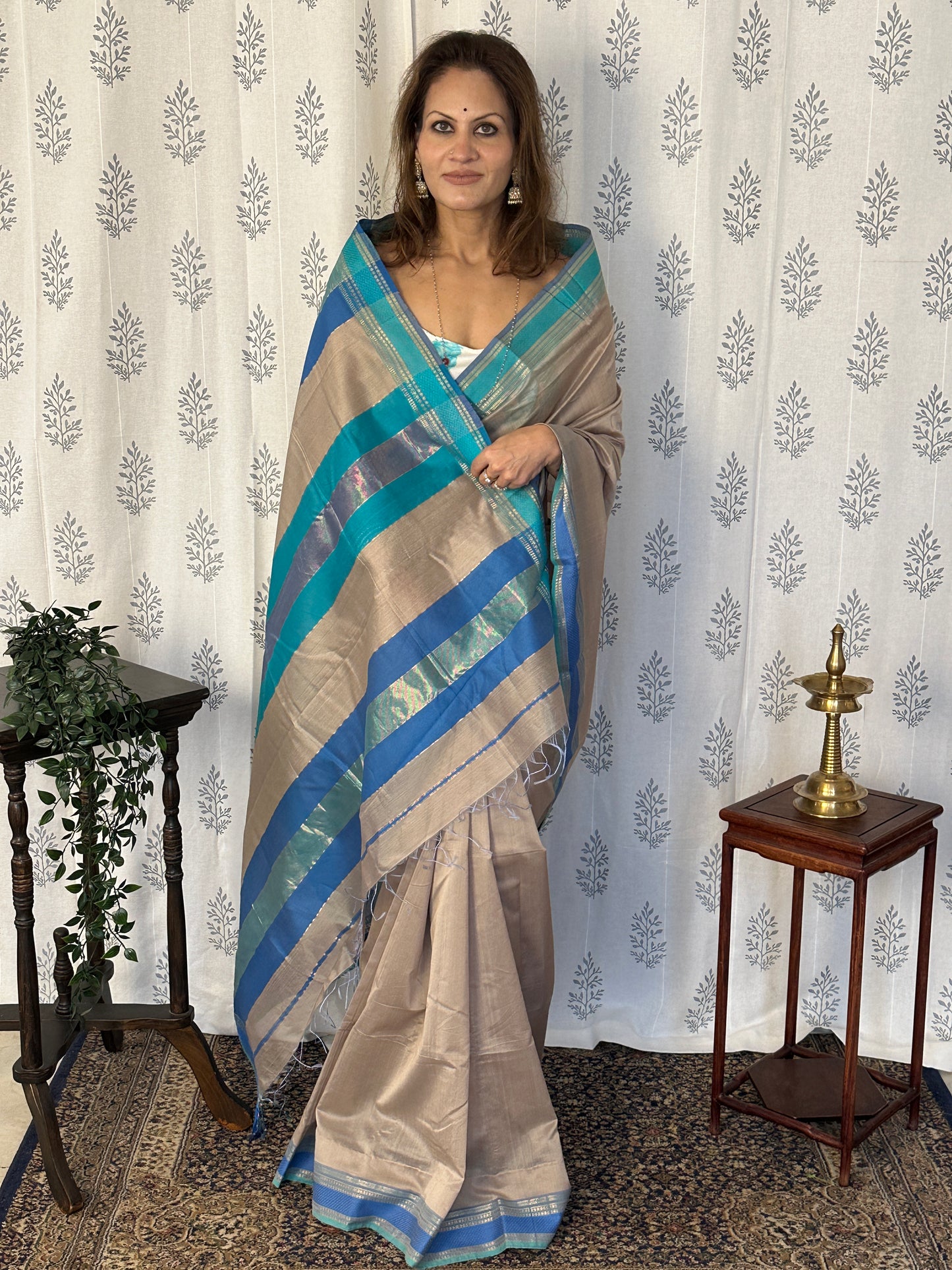 Blue & Grey Handloom Pure Maheshwari Sari