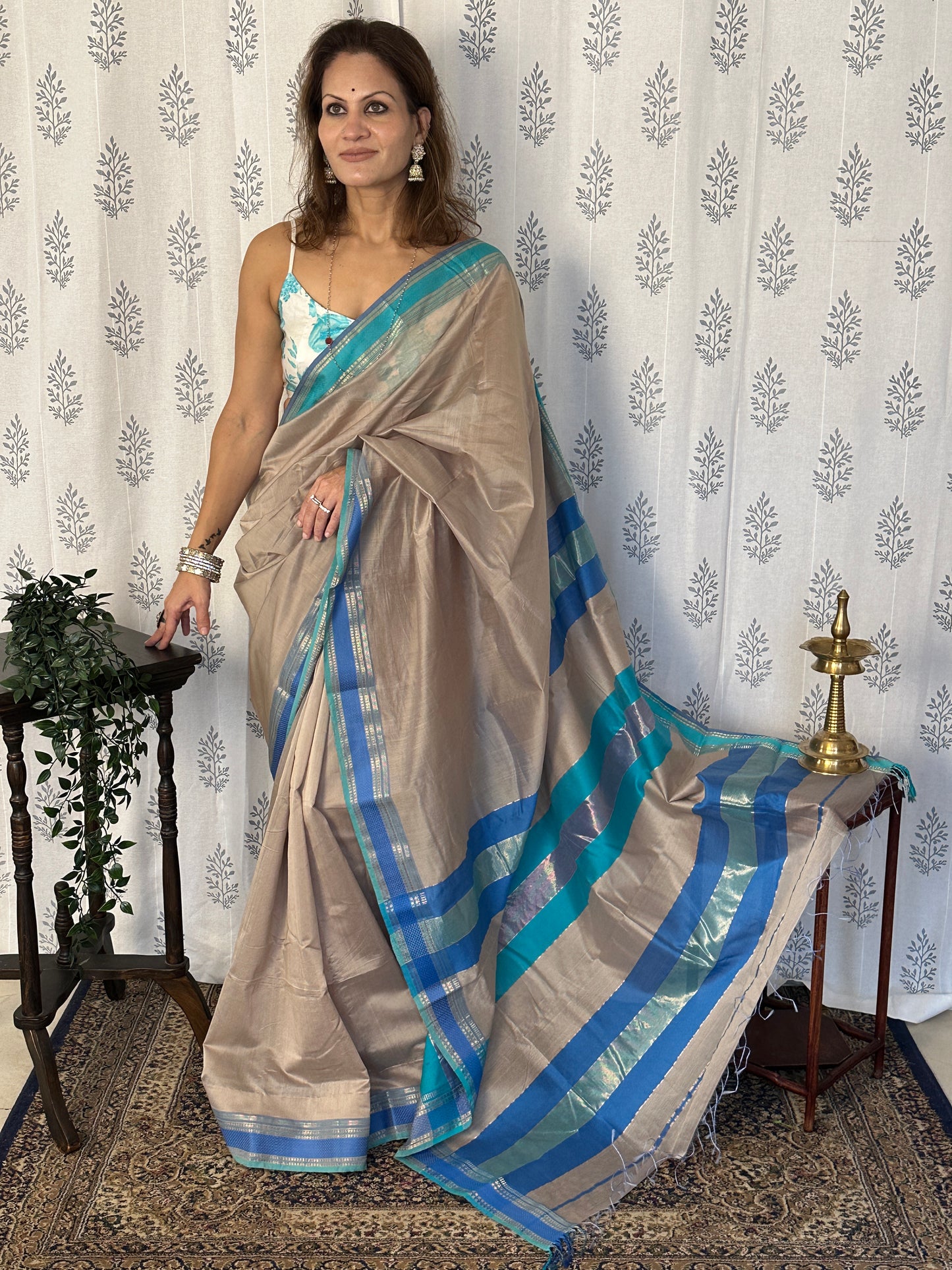 Blue & Grey Handloom Pure Maheshwari Sari