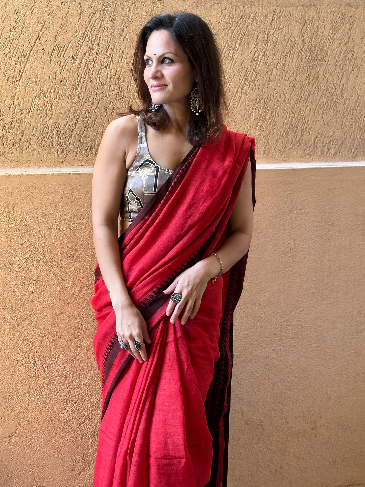 Red Handloom Pure Linen Sari with Woven Black Border