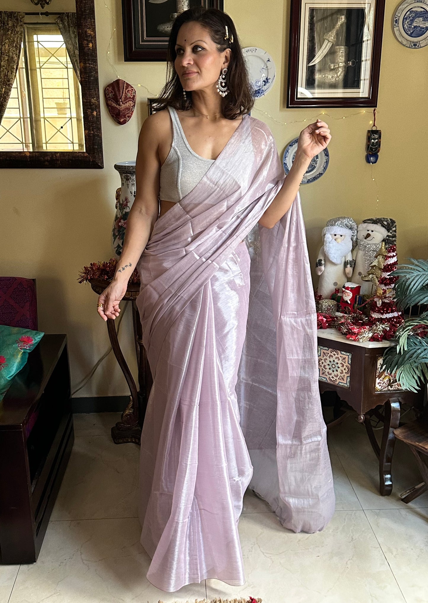 Lavender Pure Mul Mul Handwoven Tissue Cotton Sari (Borderless) - Raahini