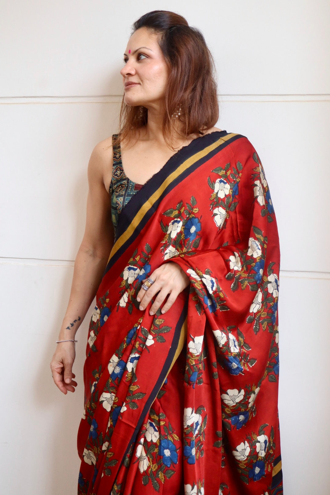 Bright Red Natural Dye Floral Handblock Print Modal Silk Saree (Copy)