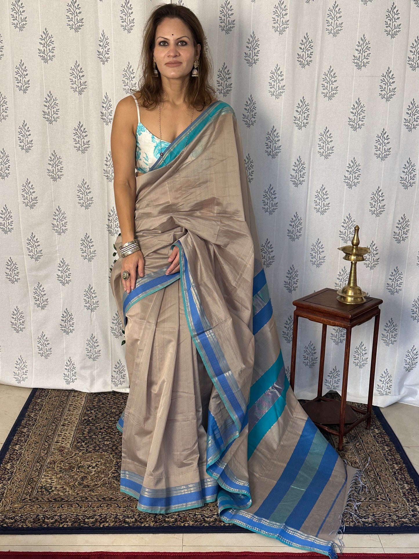 Blue & Grey Handloom Pure Maheshwari Sari