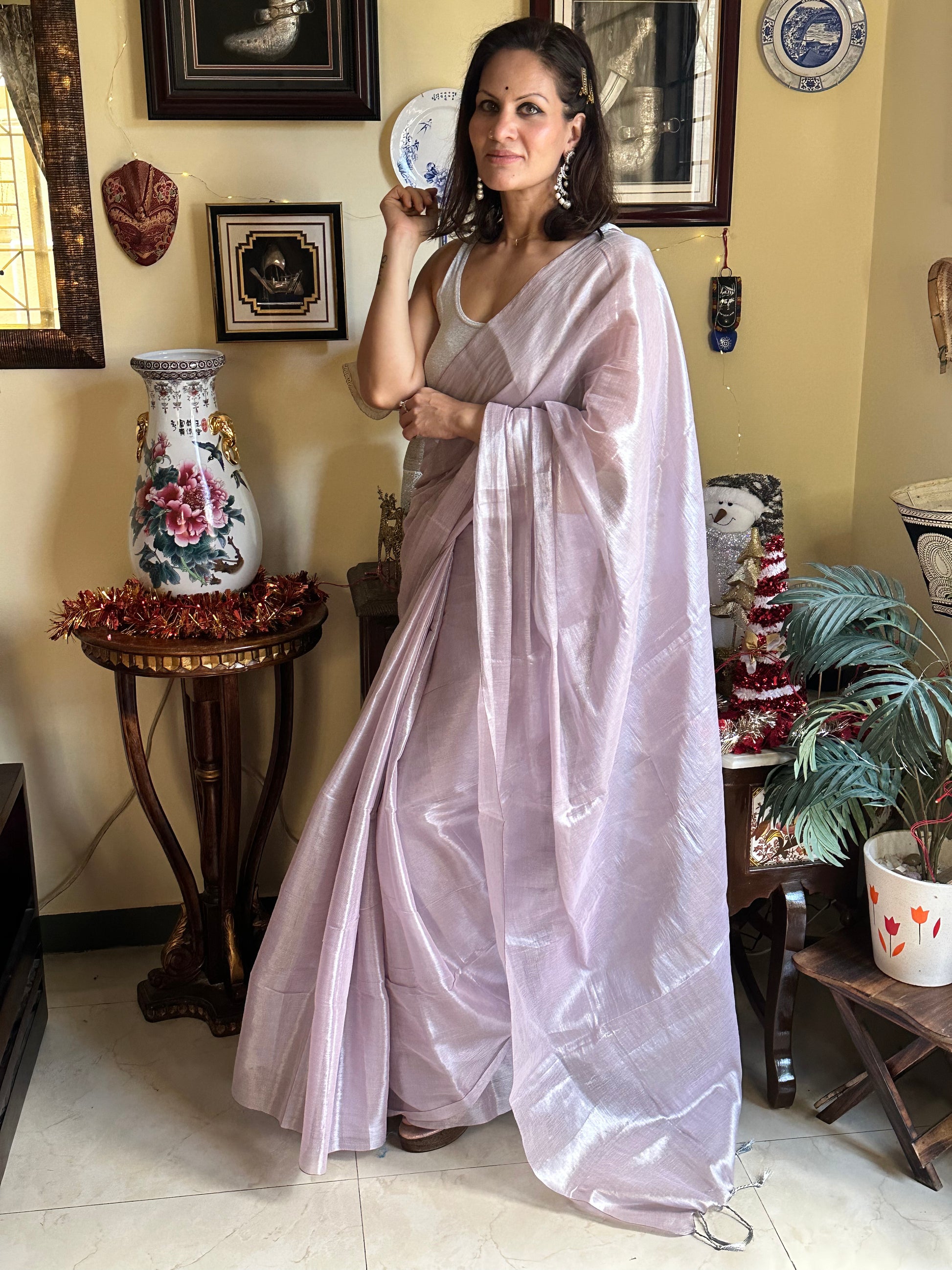 Lavender Pure Mul Mul Handwoven Tissue Cotton Sari (Borderless) - Raahini