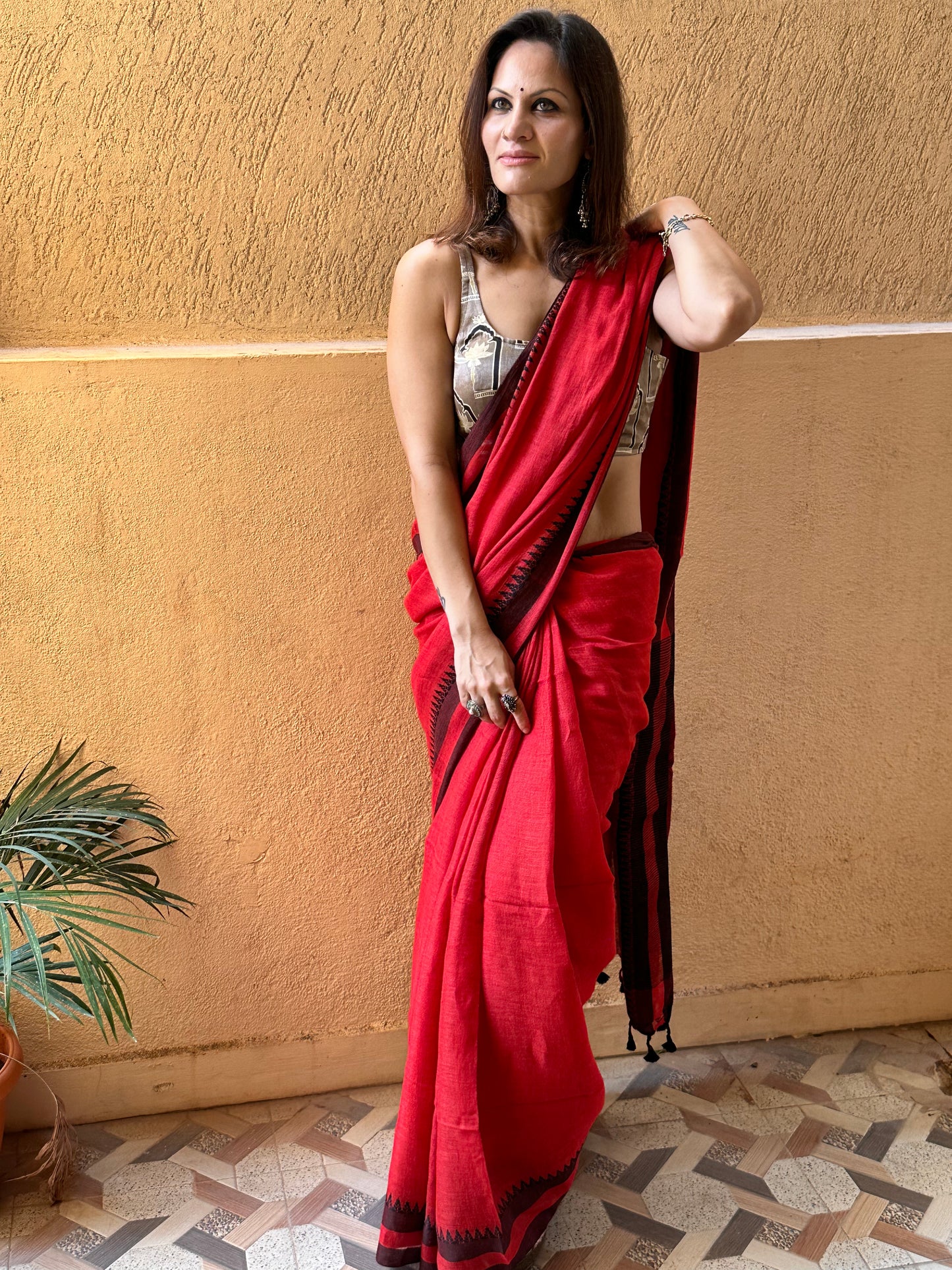 Red Handloom Pure Linen Sari with Woven Black Border