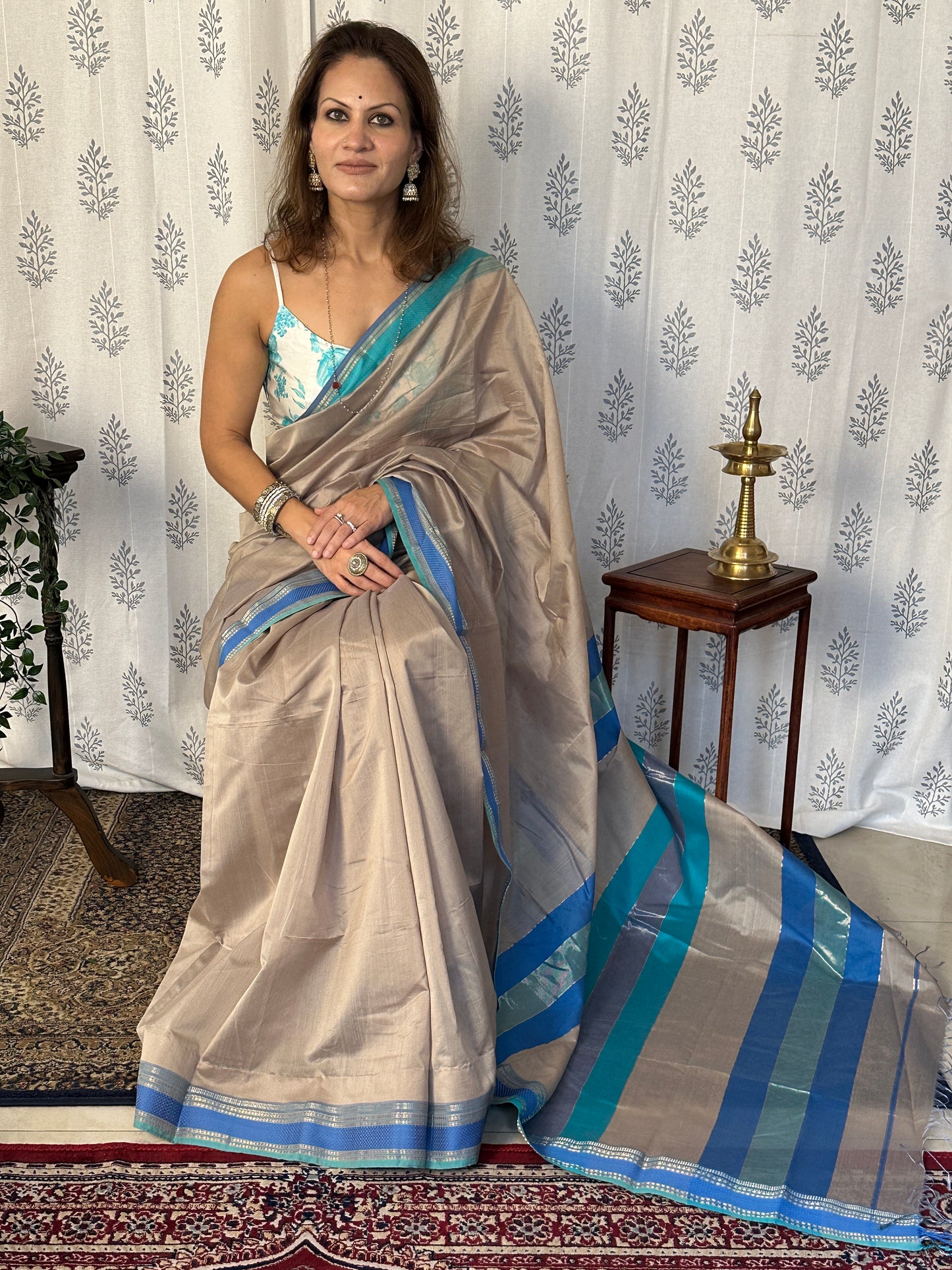 Blue & Grey Handloom Pure Maheshwari Sari