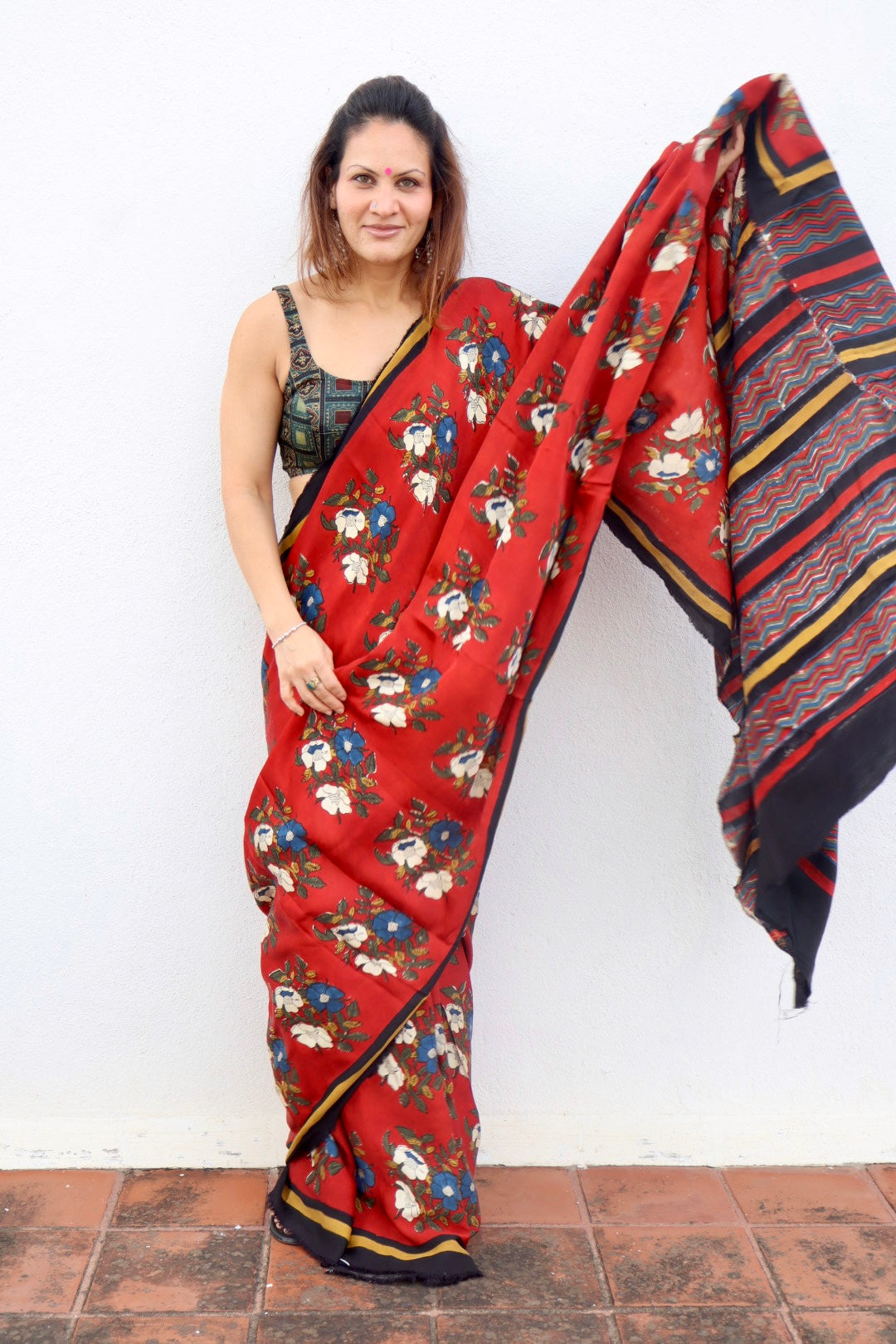 Bright Red Natural Dye Floral Handblock Print Modal Silk Saree (Copy)