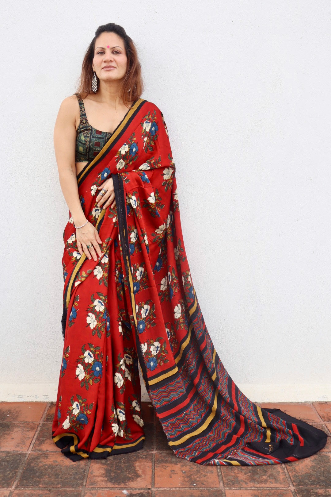 Bright Red Natural Dye Floral Handblock Print Modal Silk Saree (Copy)