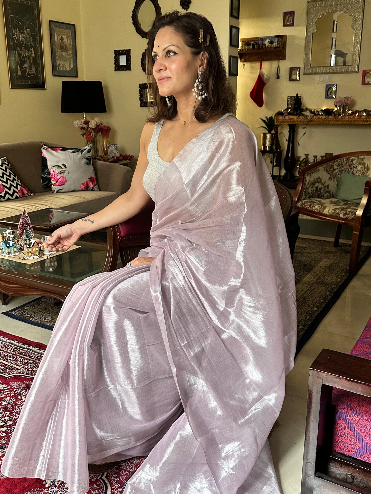 Lavender Pure Mul Mul Handwoven Tissue Cotton Sari (Borderless) - Raahini