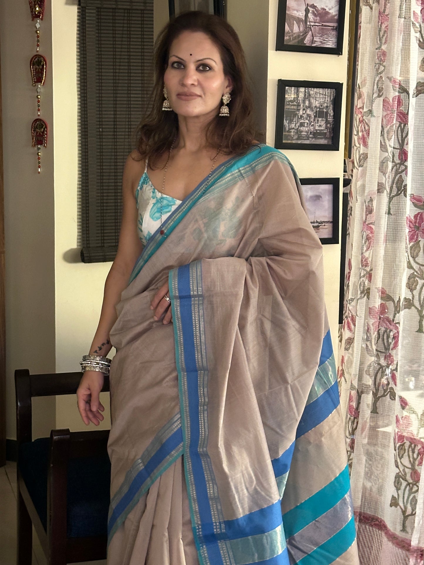 Blue & Grey Handloom Pure Maheshwari Sari