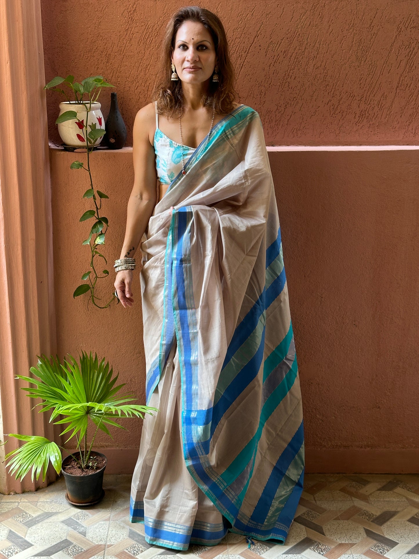 Blue & Grey Handloom Pure Maheshwari Sari